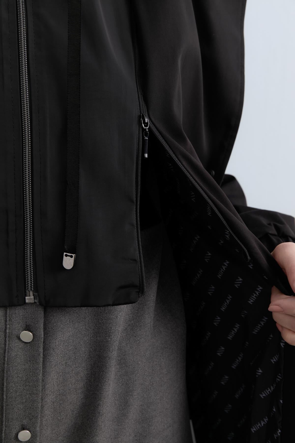 NİHAN Trench Coat Nihan Çift Yaka Kumaş Mixli Trençkot  Siyah_modest