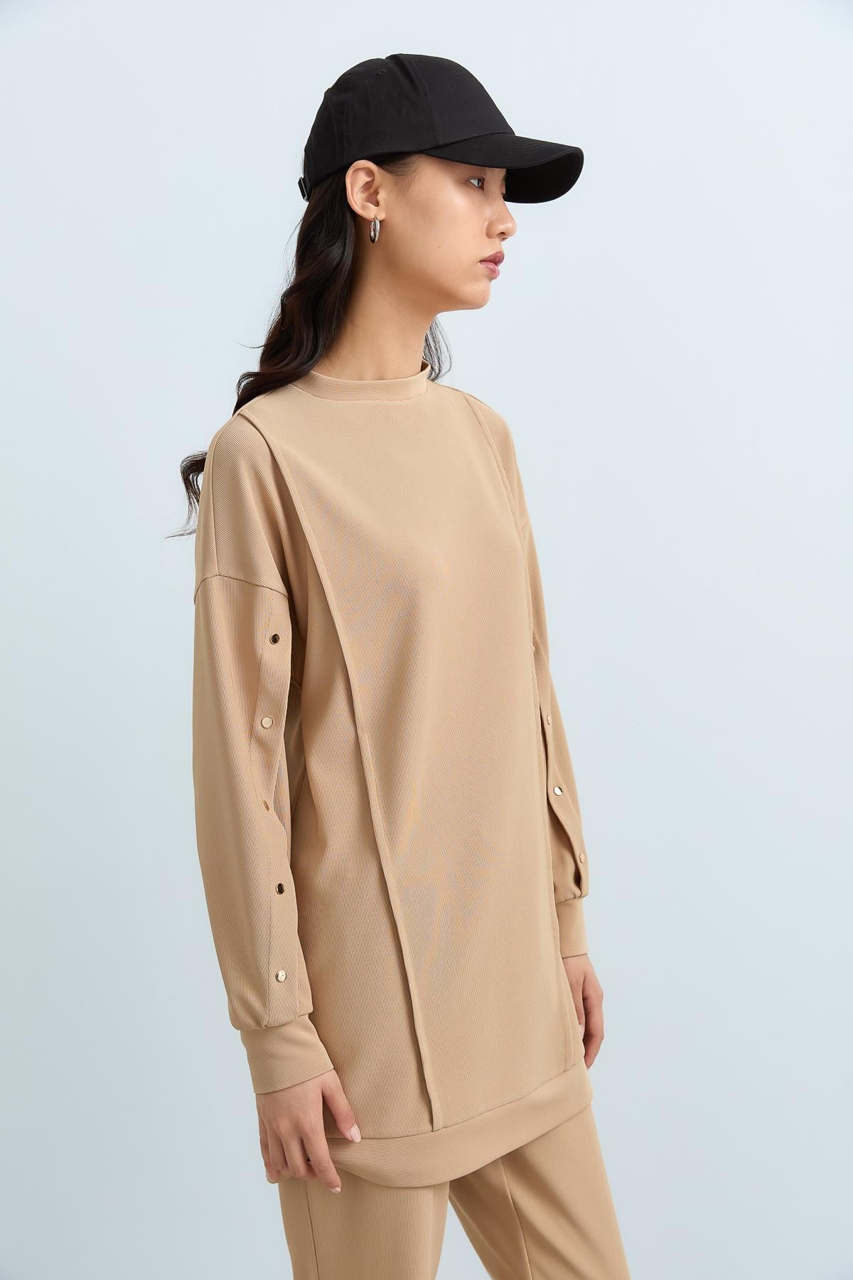 NİHAN Takım Nihan Çıt Çıt Detaylı Örme Pantolon Tunik Takım  Camel_modest