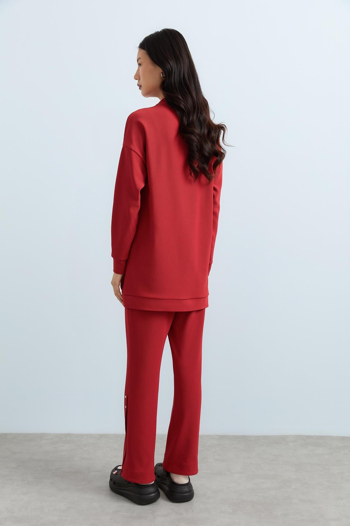 NİHAN Takım Nihan Çıt Çıt Detaylı Örme Pantolon Tunik Takım  Kiremit_modest