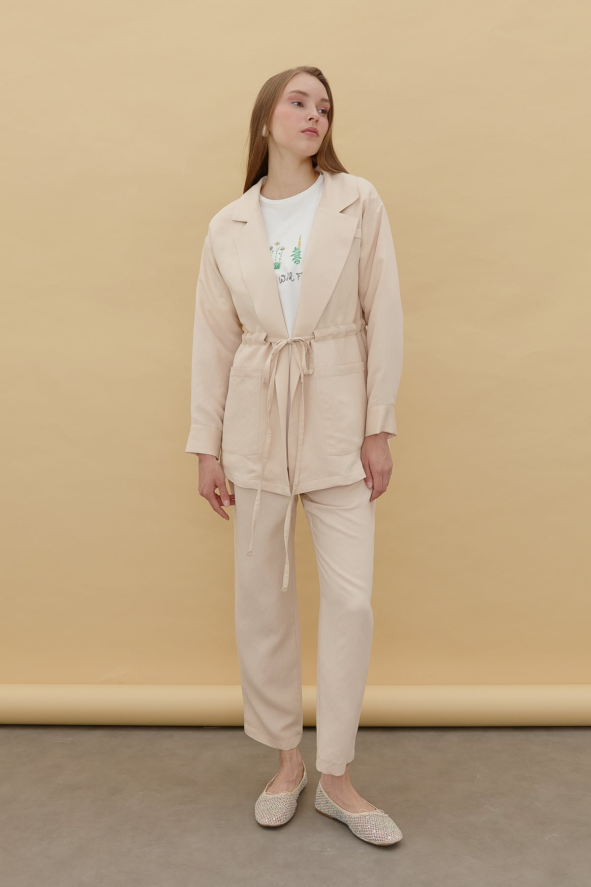 NİHAN Suits Nihan Çizgili Pantolon Ceket Takım  Taş_modest