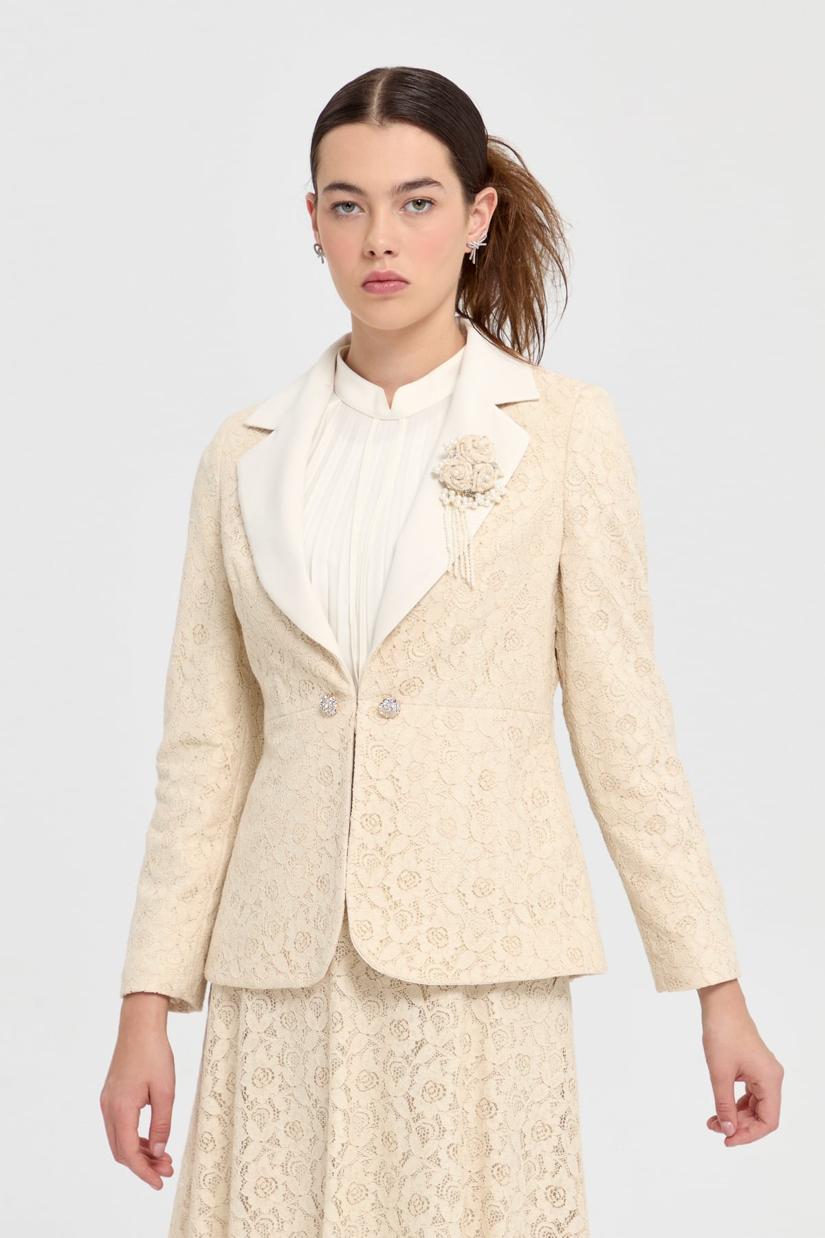 NİHAN Suits Nihan Dantel Etek Ceket Takım  Bej_modest
