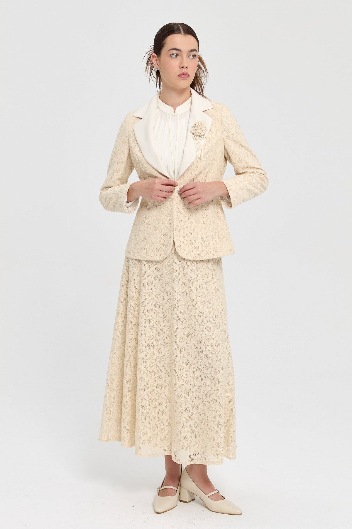 NİHAN Suits Nihan Dantel Etek Ceket Takım  Bej_modest
