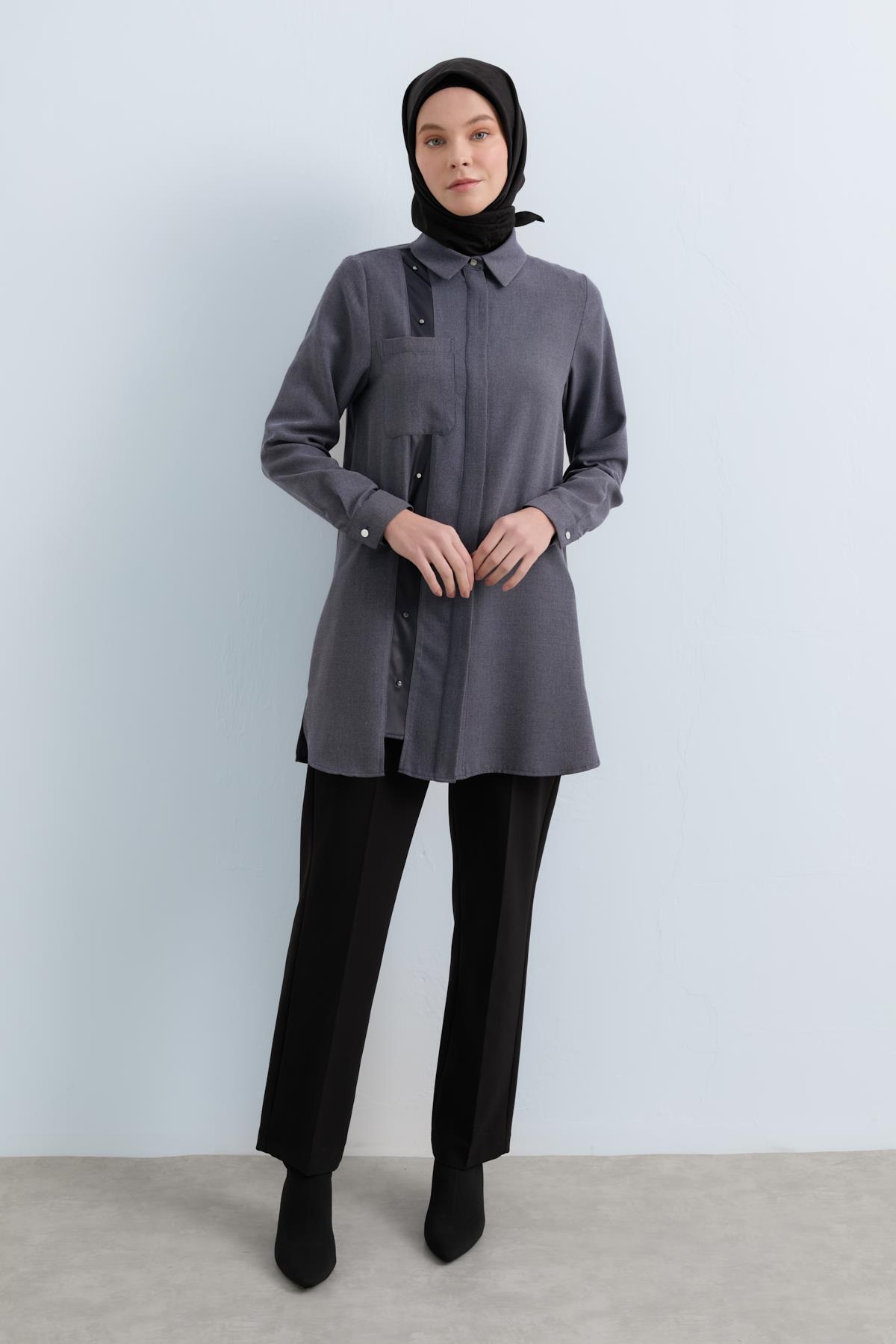 NİHAN Tunik Nihan Deri Detaylı Gömlek Yaka Tunik  Gri_modest