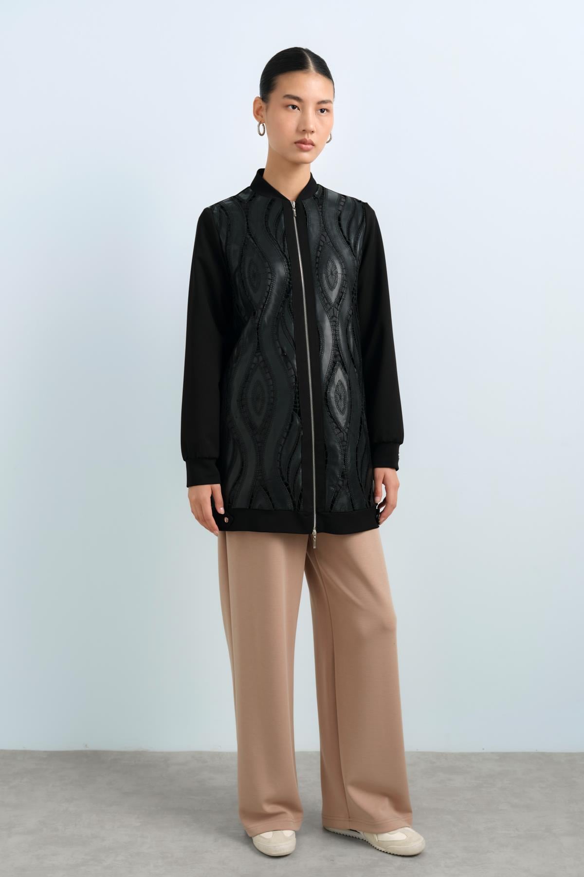 NİHAN Jacket Nihan Deri ve Ribana Detaylı Bomber Ceket  Siyah_modest