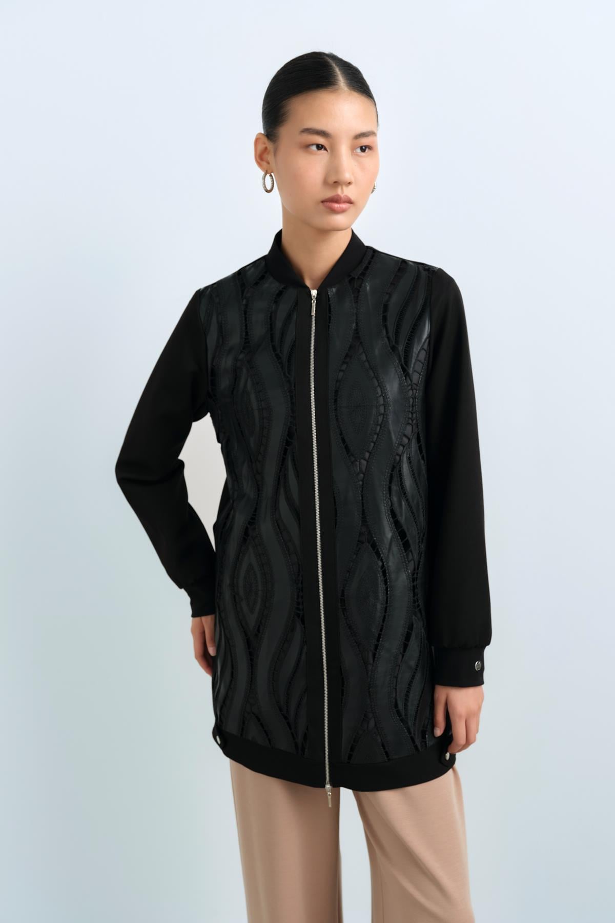 NİHAN Jacket Nihan Deri ve Ribana Detaylı Bomber Ceket  Siyah_modest