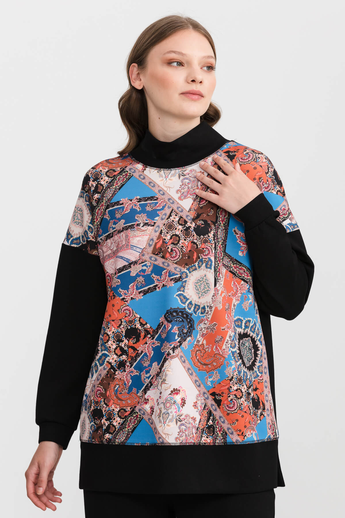NİHAN Sweat Nihan Desen Garnili Scuba Sweat  Siyah_modest