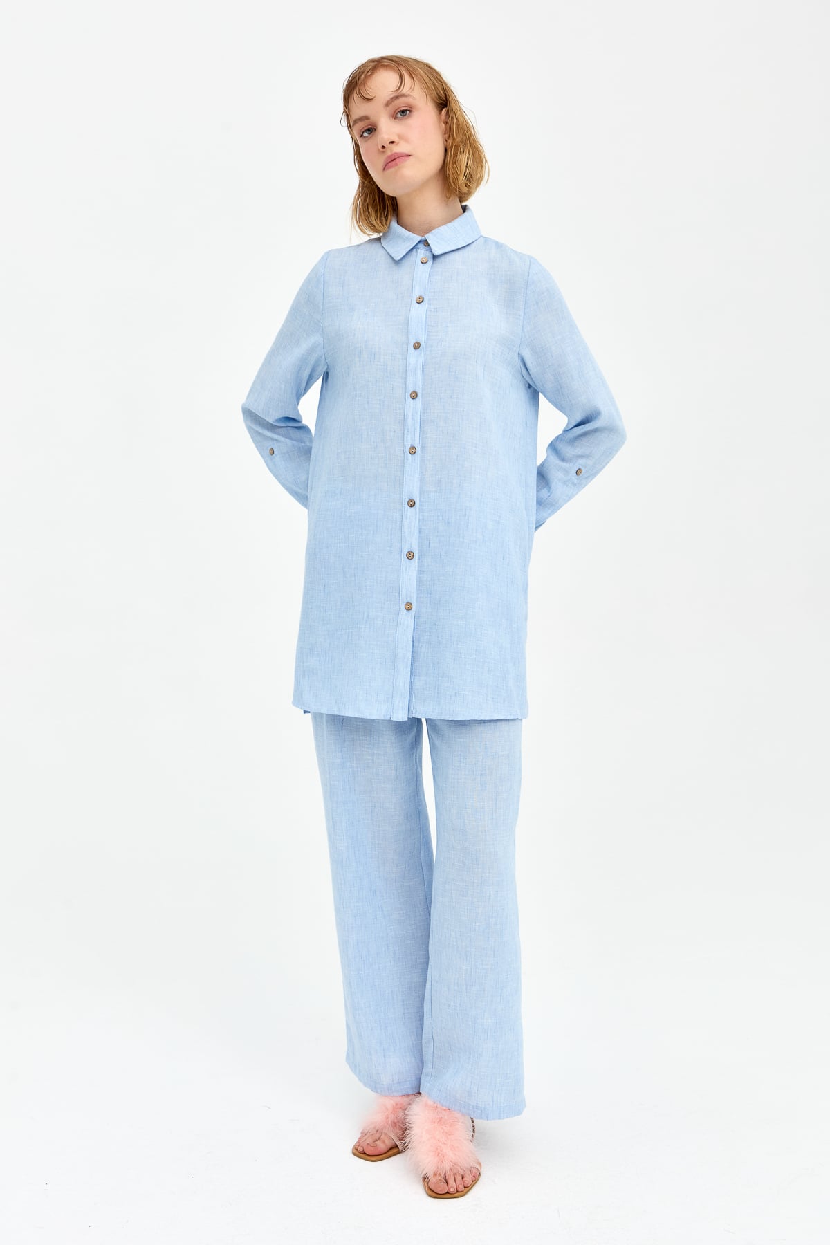 NİHAN Suits Nihan Doğal Kumaş Pantolon Tunik Takım  Açık Mavi_modest