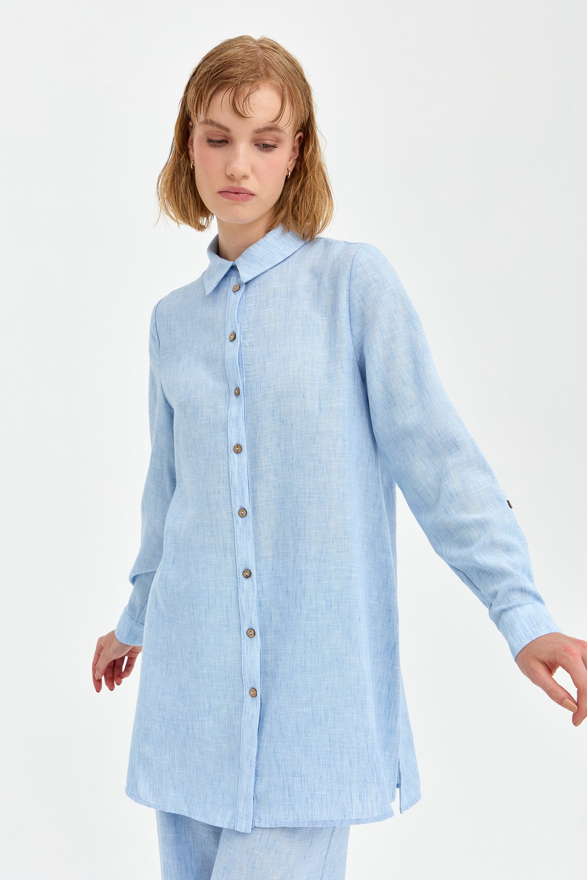 NİHAN Suits Nihan Doğal Kumaş Pantolon Tunik Takım  Açık Mavi_modest