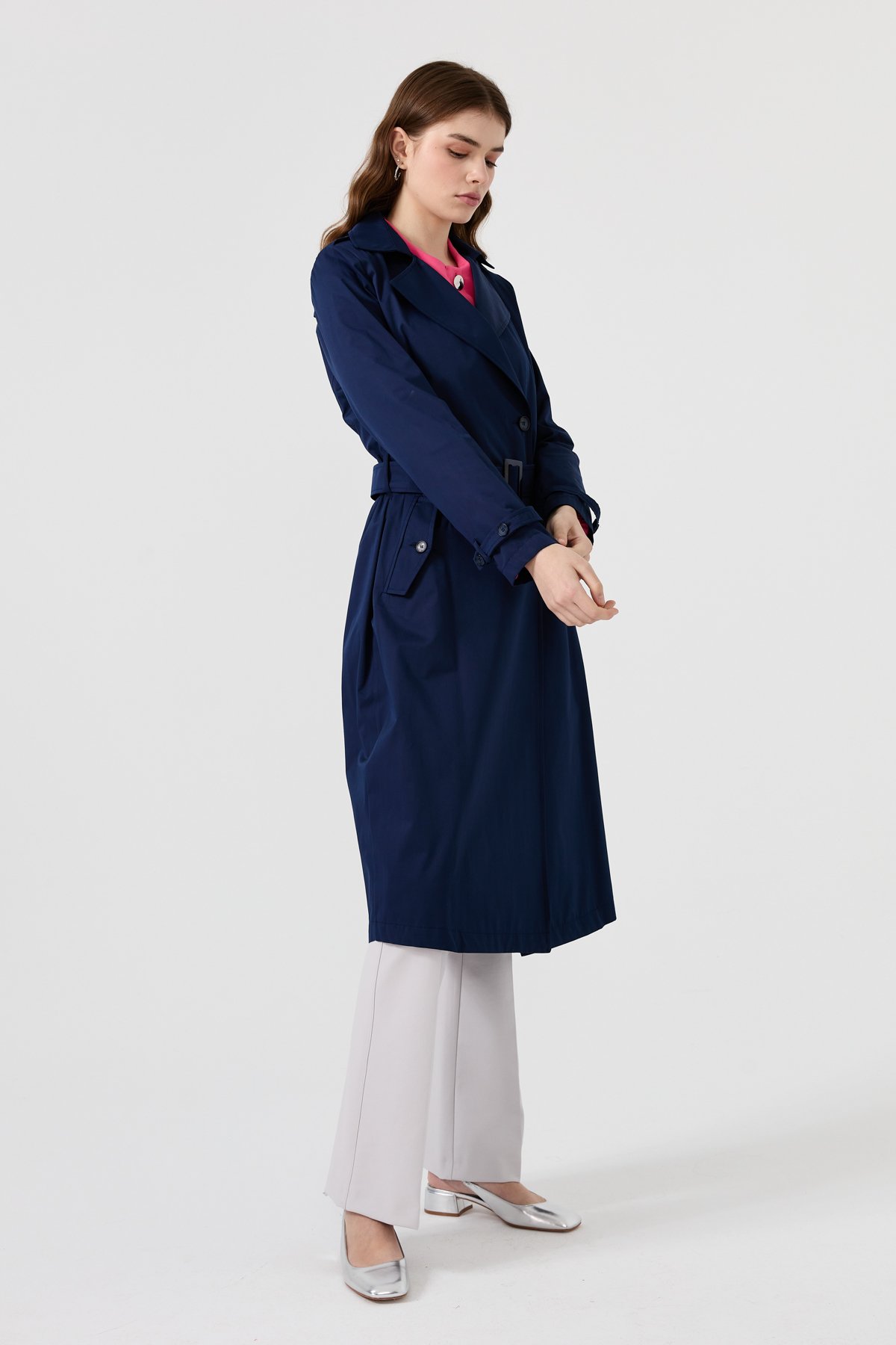 NİHAN Trench Coat Nihan Düğme Detaylı Trençkot  Lacivert_modest