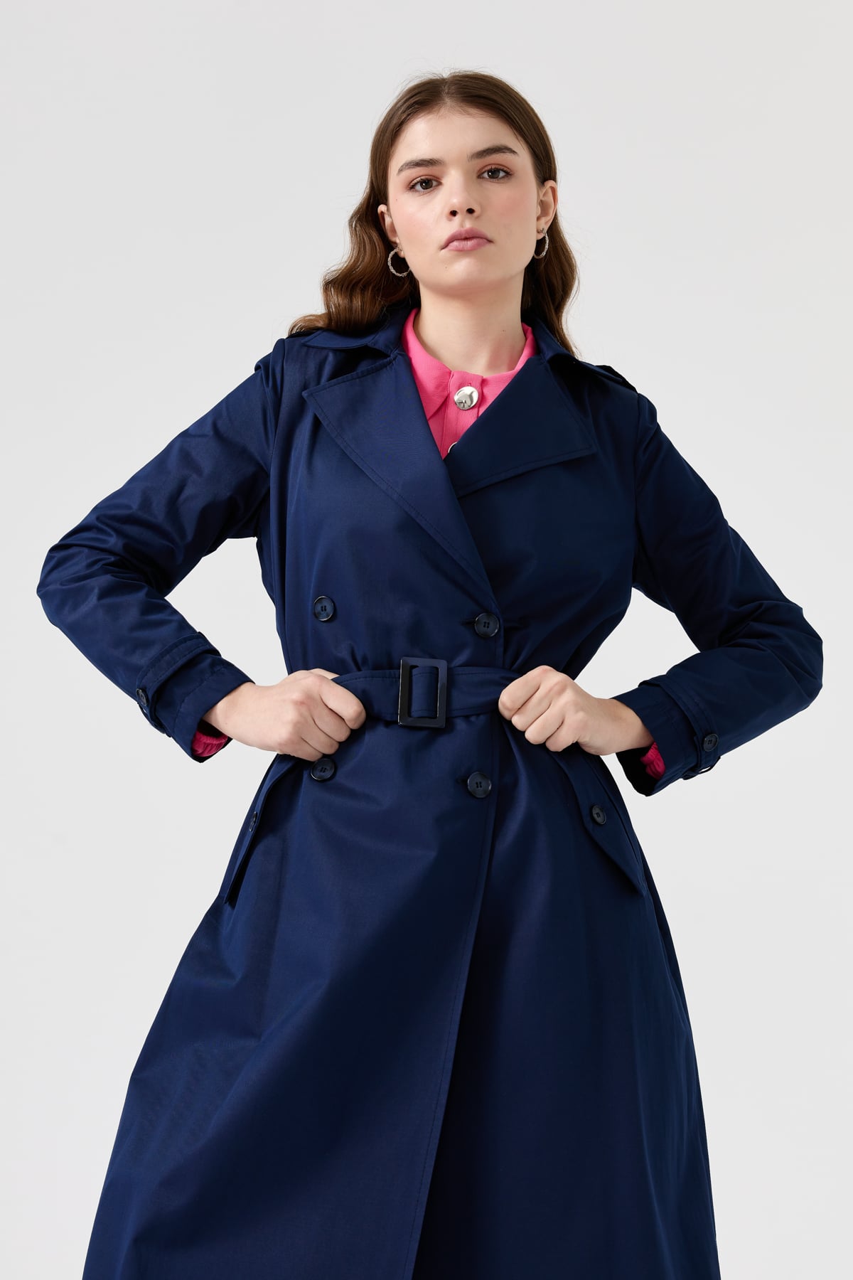NİHAN Trench Coat Nihan Düğme Detaylı Trençkot  Lacivert_modest