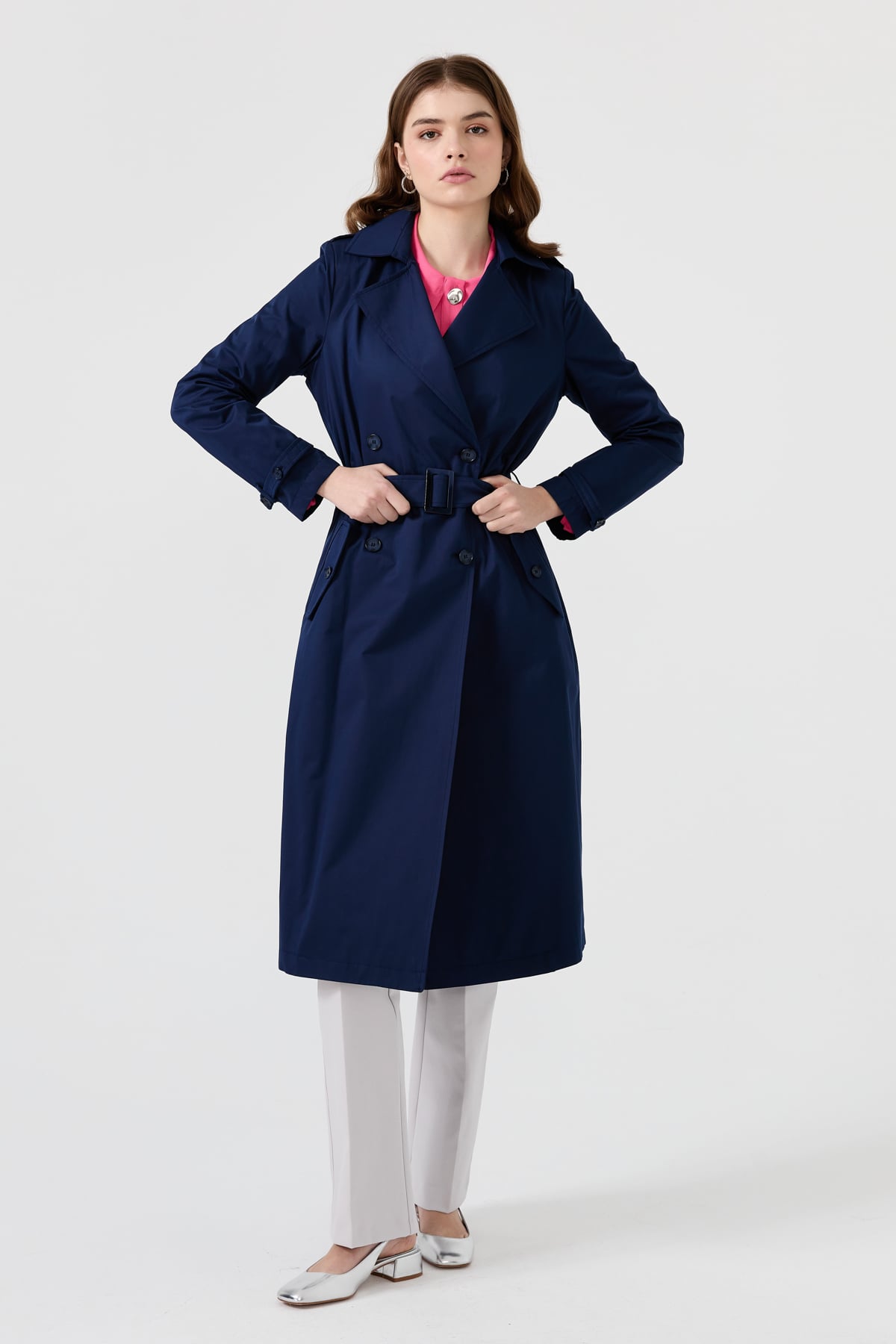 NİHAN Trench Coat Nihan Düğme Detaylı Trençkot  Lacivert_modest