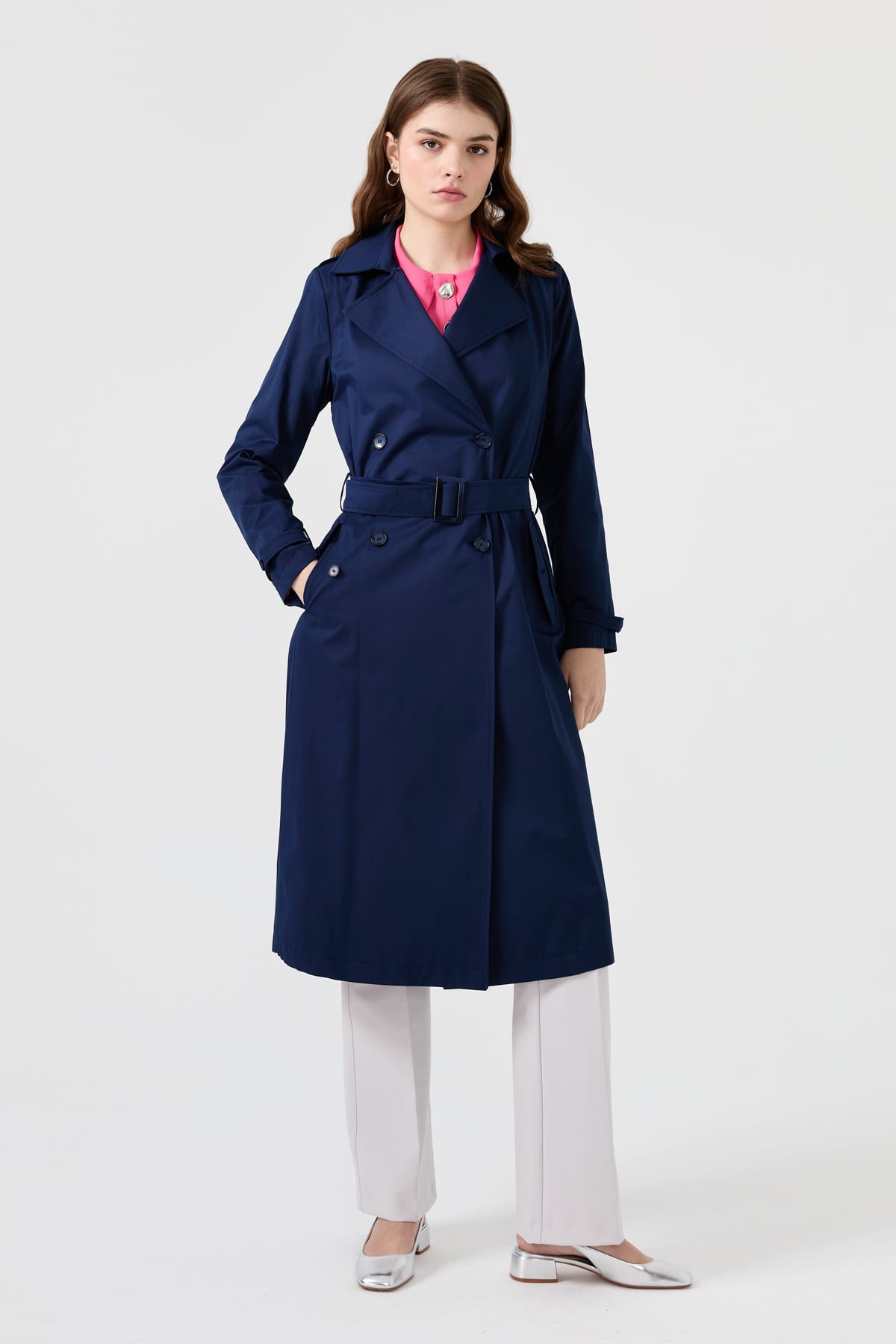 NİHAN Trench Coat Nihan Düğme Detaylı Trençkot  Lacivert_modest