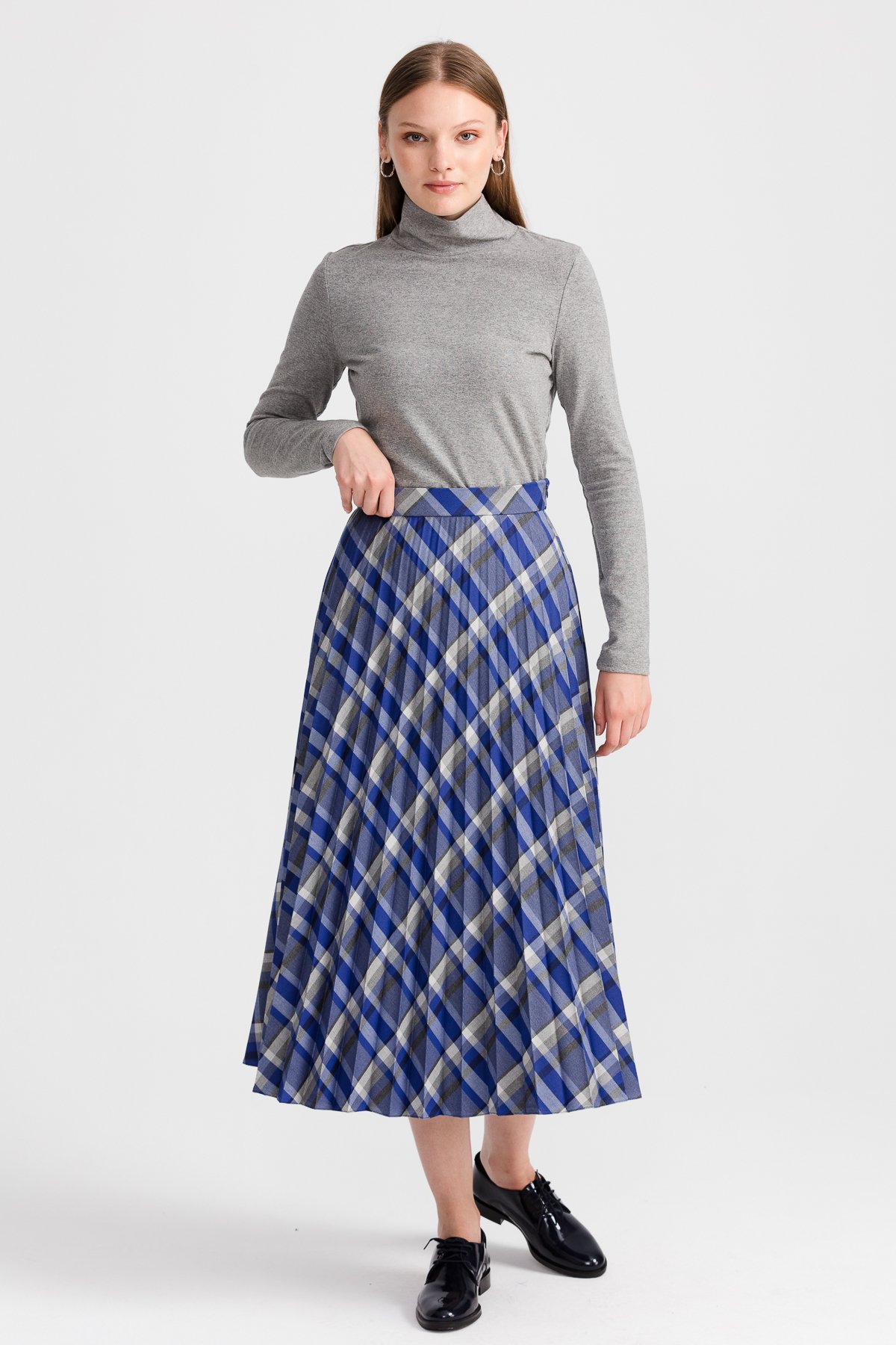 NİHAN Etek Nihan Ekose Pilise Etek  Lacivert_modest
