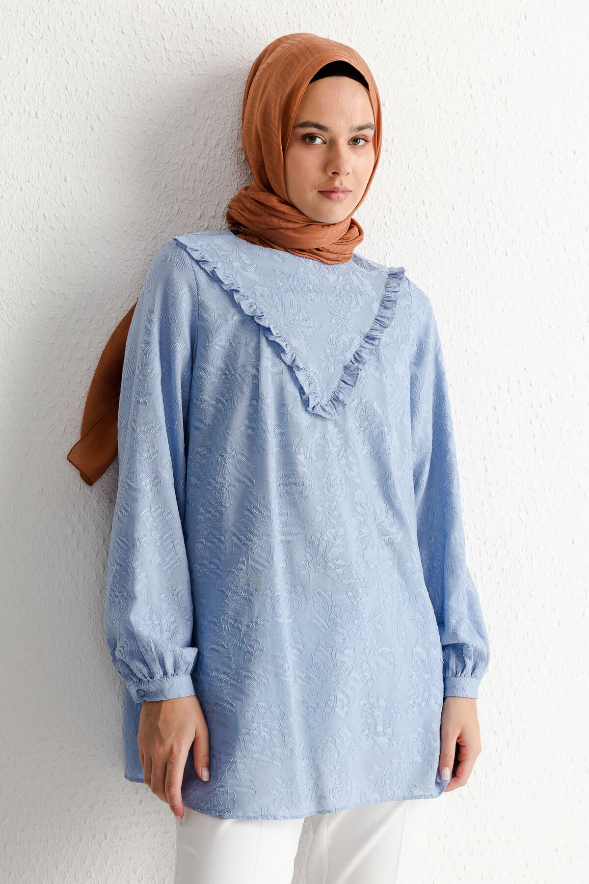 NİHAN Tunik Nihan Fırfır Detaylı Tunik  Açık Mavi_modest