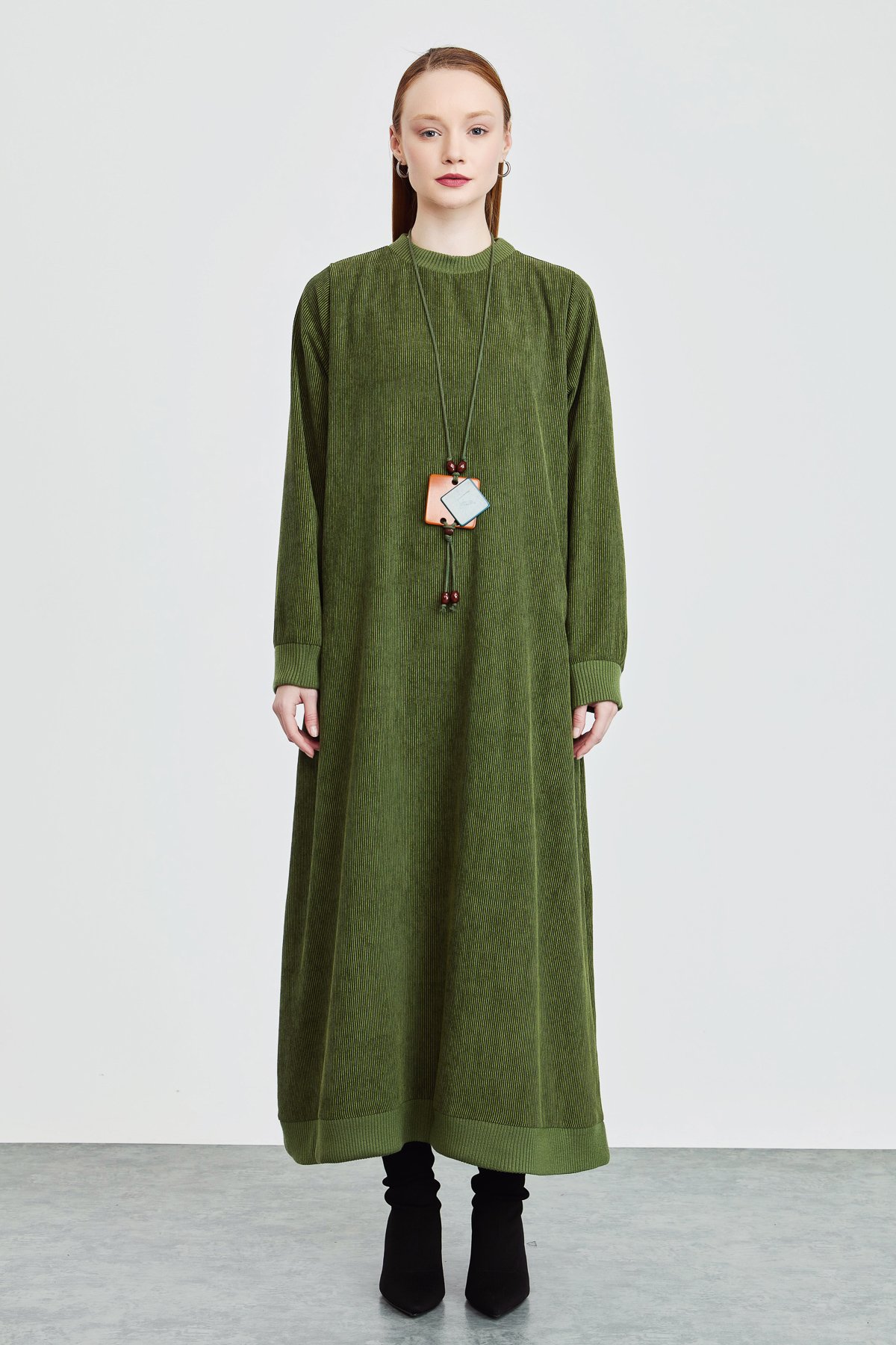 NİHAN Dress Nihan Fitilli Kadife Elbise  Haki_modest
