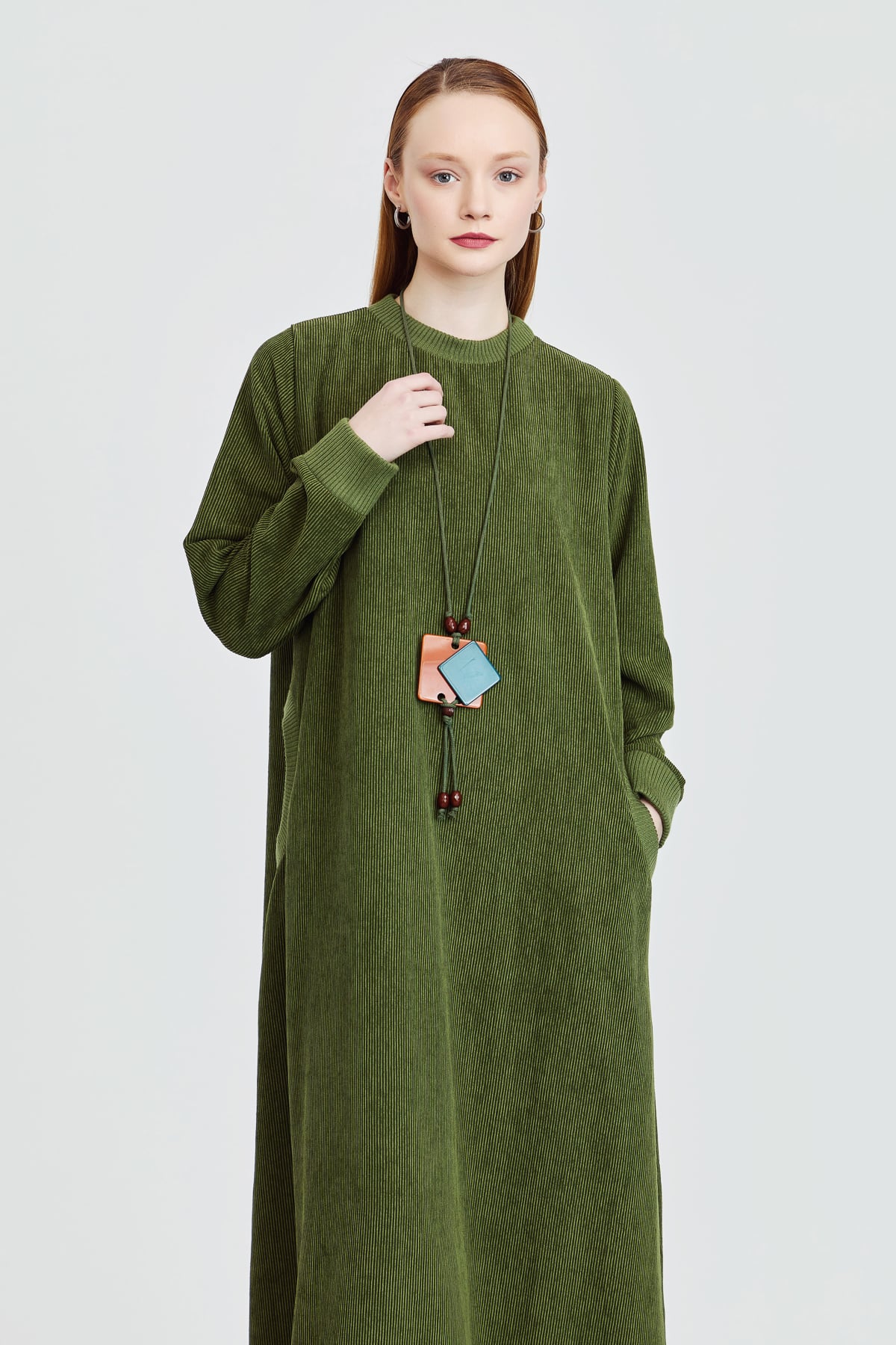 NİHAN Dress Nihan Fitilli Kadife Elbise  Haki_modest