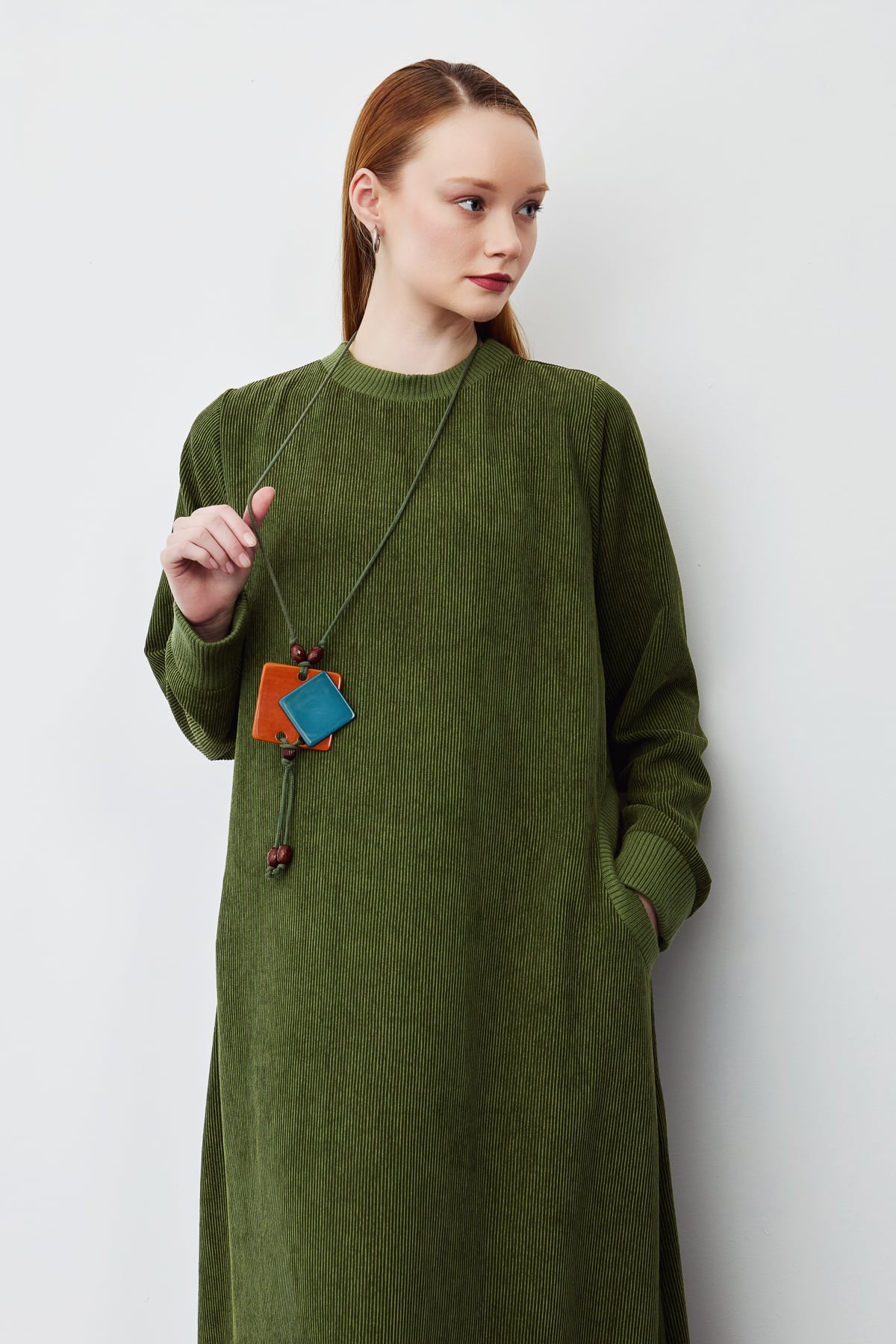 NİHAN Dress Nihan Fitilli Kadife Elbise  Haki_modest