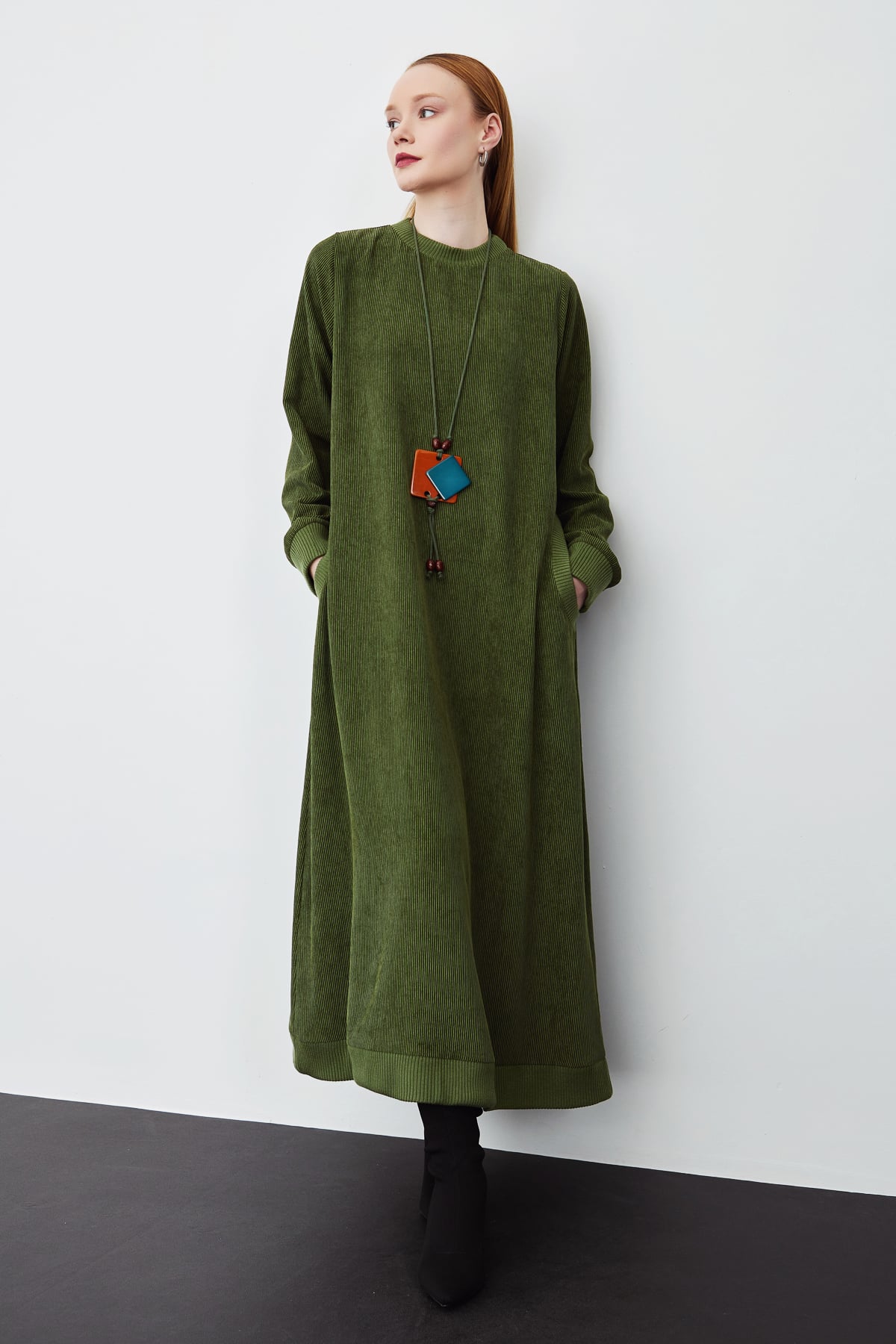 NİHAN Dress Nihan Fitilli Kadife Elbise  Haki_modest