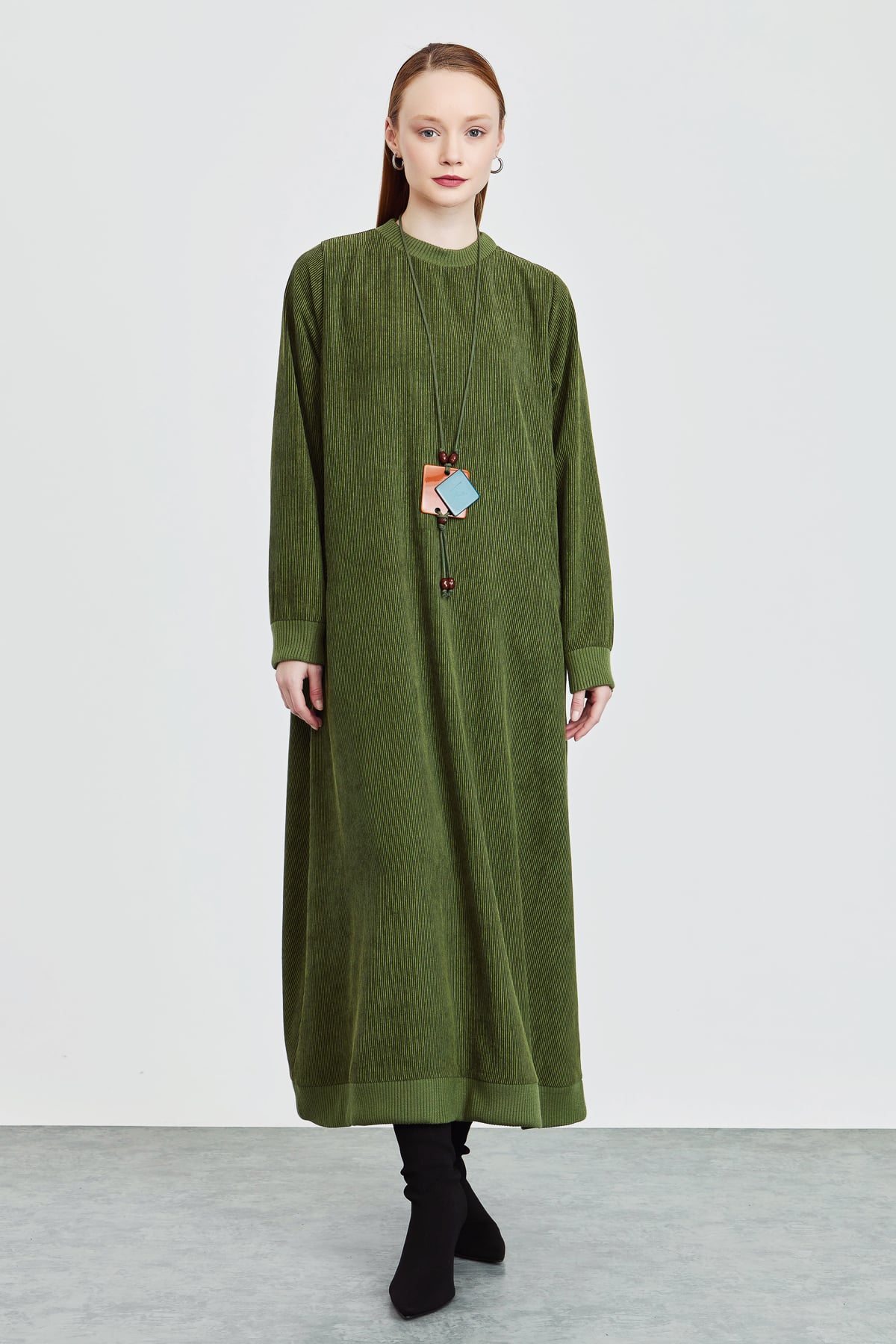 NİHAN Dress Nihan Fitilli Kadife Elbise  Haki_modest
