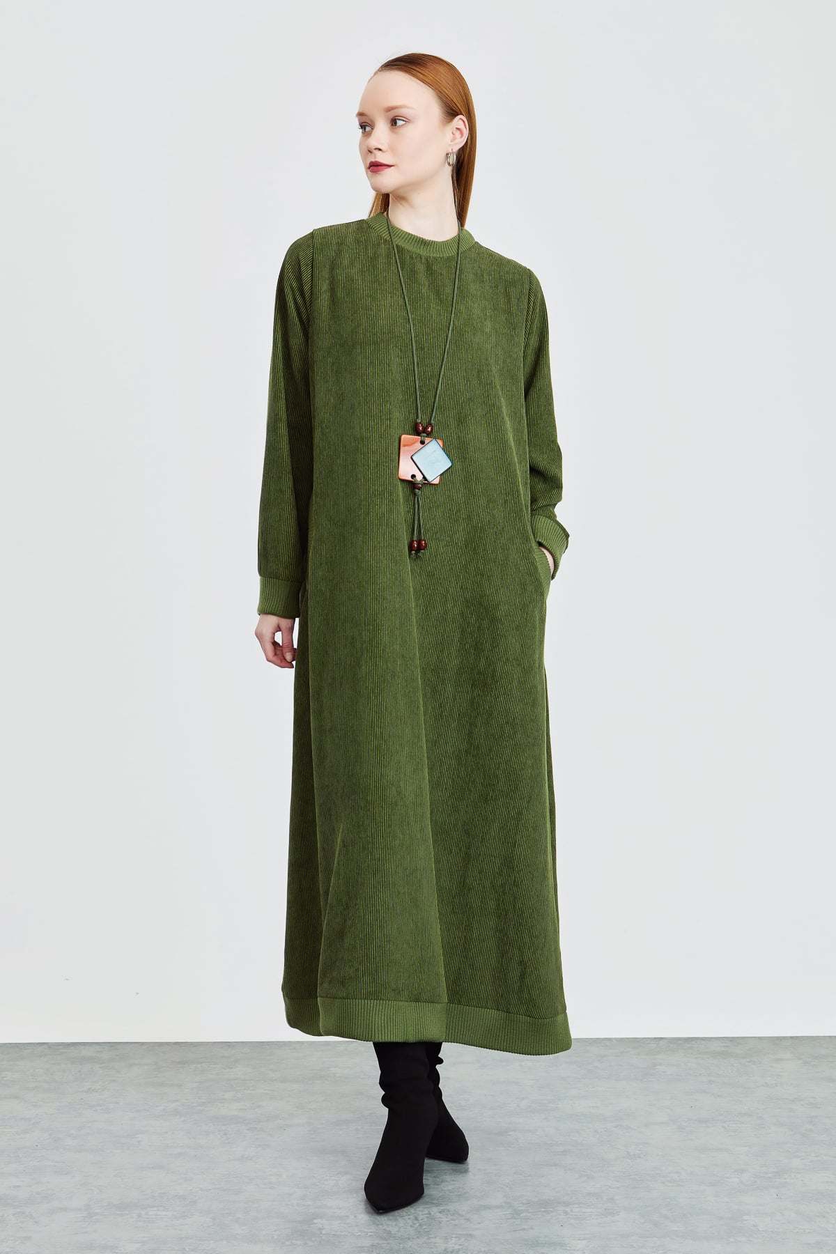 NİHAN Dress Nihan Fitilli Kadife Elbise  Haki_modest