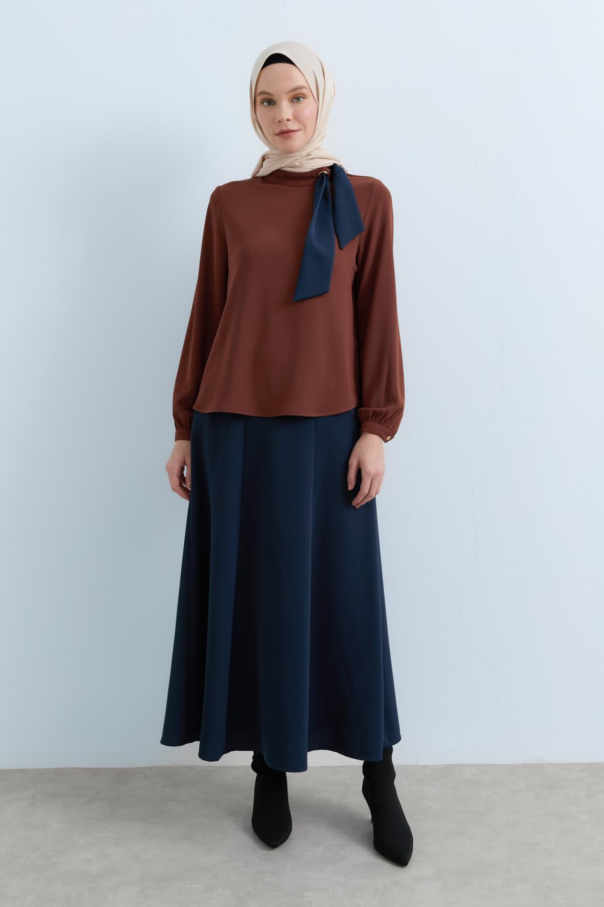 NİHAN Suits Nihan Fular Yakalı Etek Bluz Takım  Taba_modest
