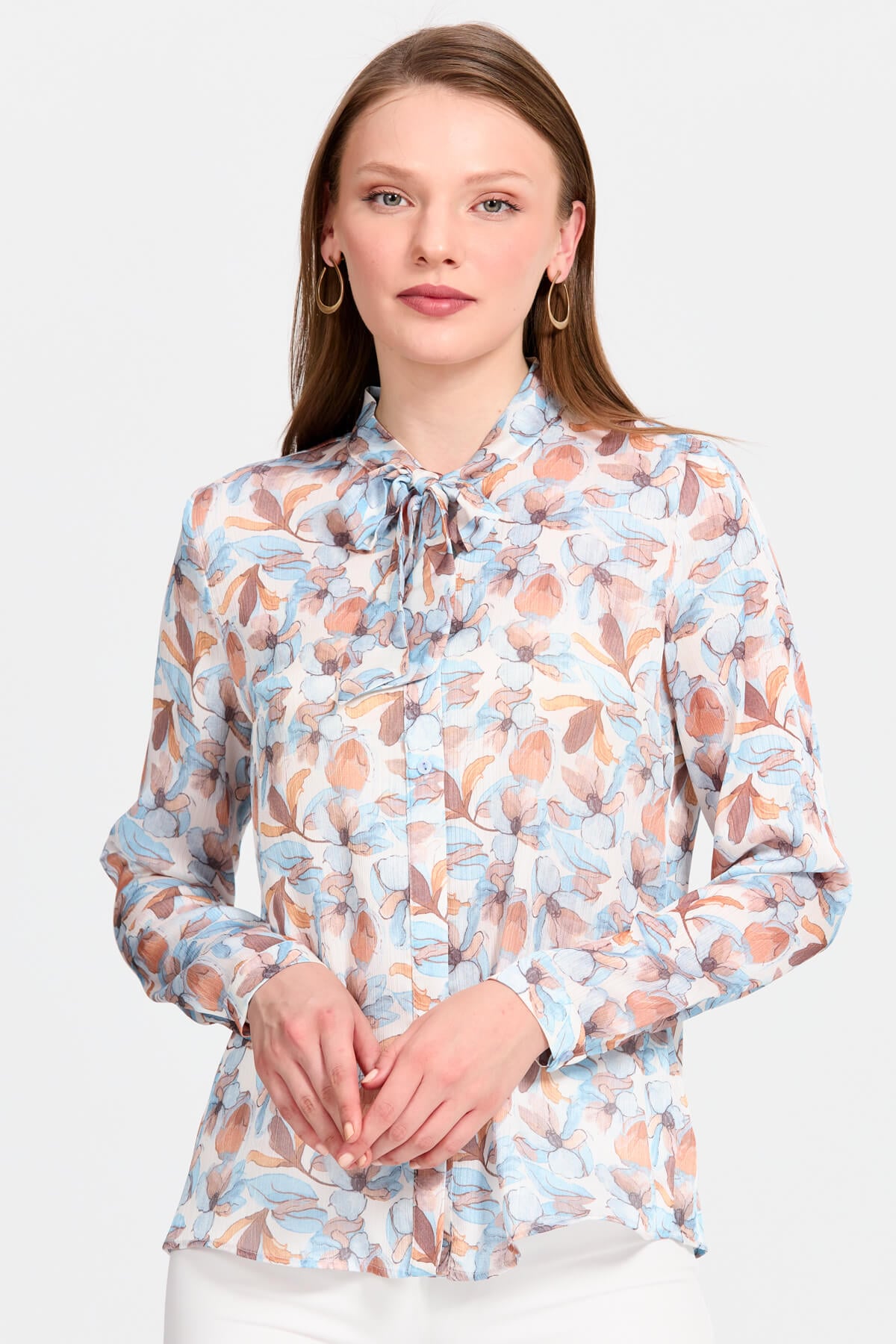 NİHAN Gömlek Nihan Fularlı Floral Desen Gömlek  Mavi_modest