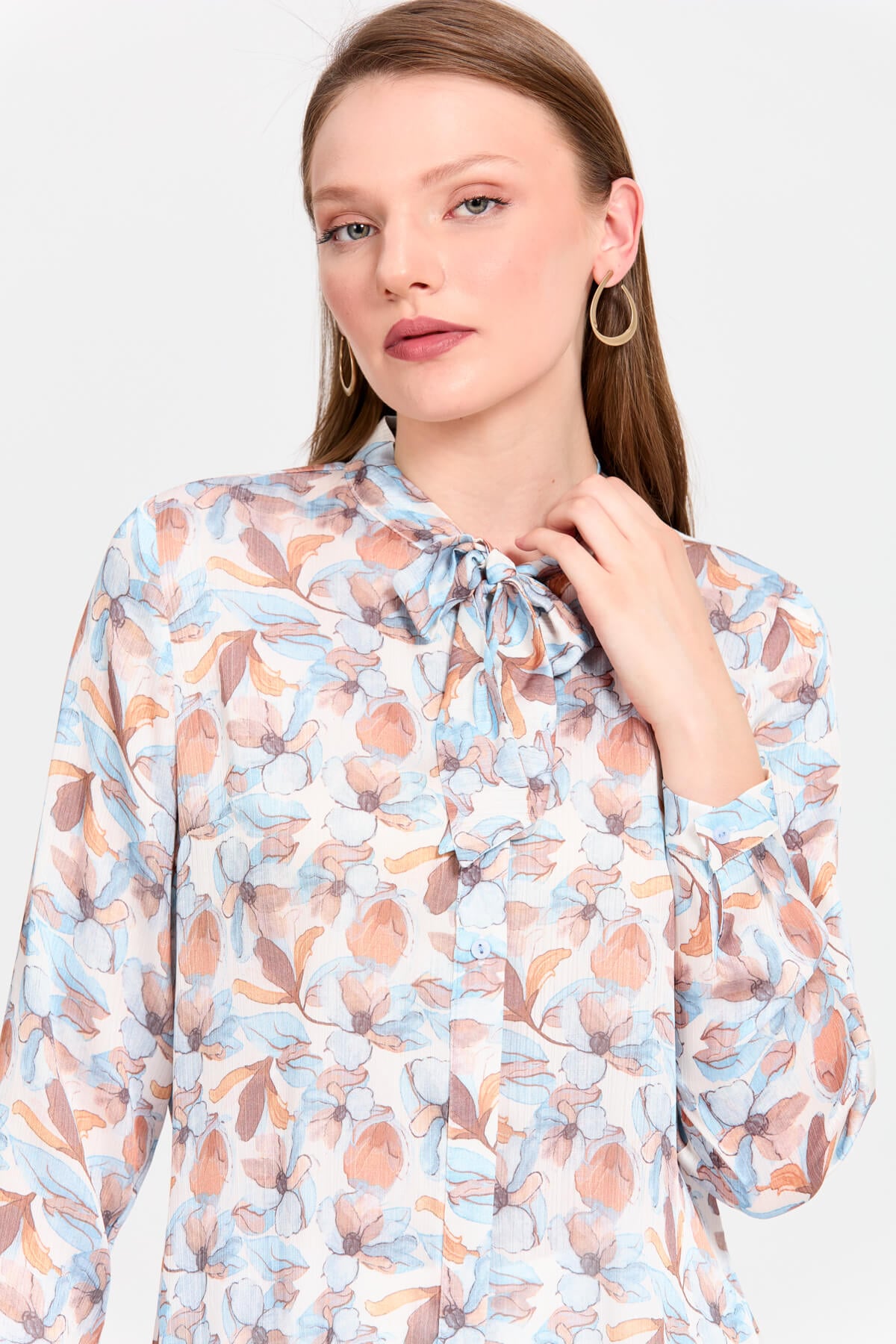 NİHAN Gömlek Nihan Fularlı Floral Desen Gömlek  Mavi_modest