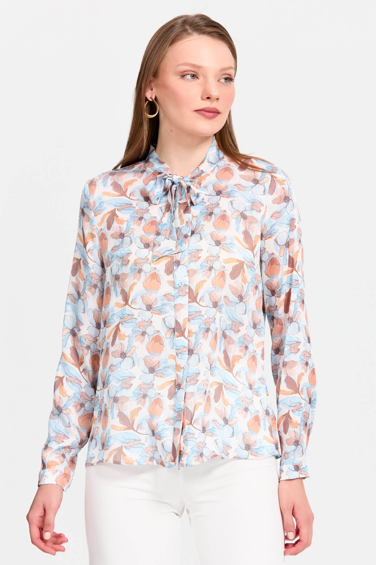 NİHAN Gömlek Nihan Fularlı Floral Desen Gömlek  Mavi_modest