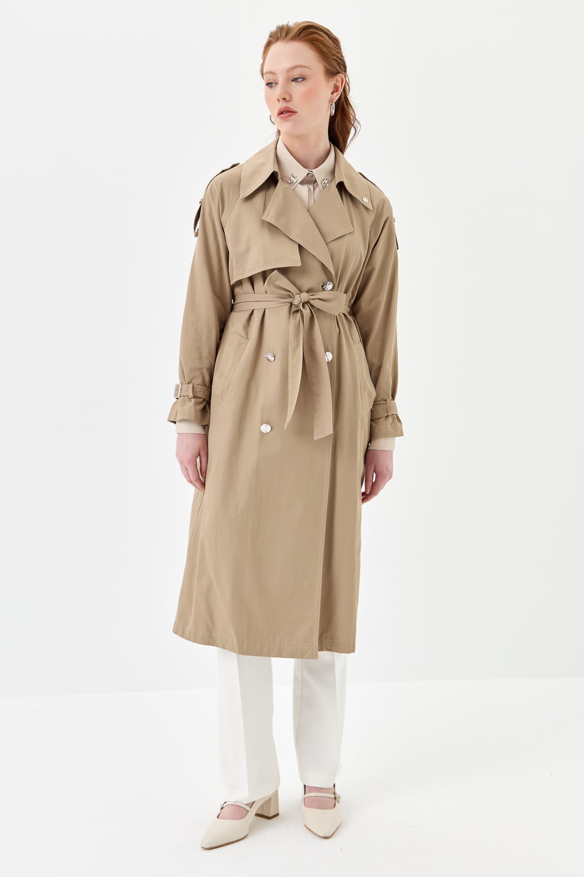NİHAN Trench Coat Nihan Gold Düğmeli Kemerli Trençkot  Vizon_modest