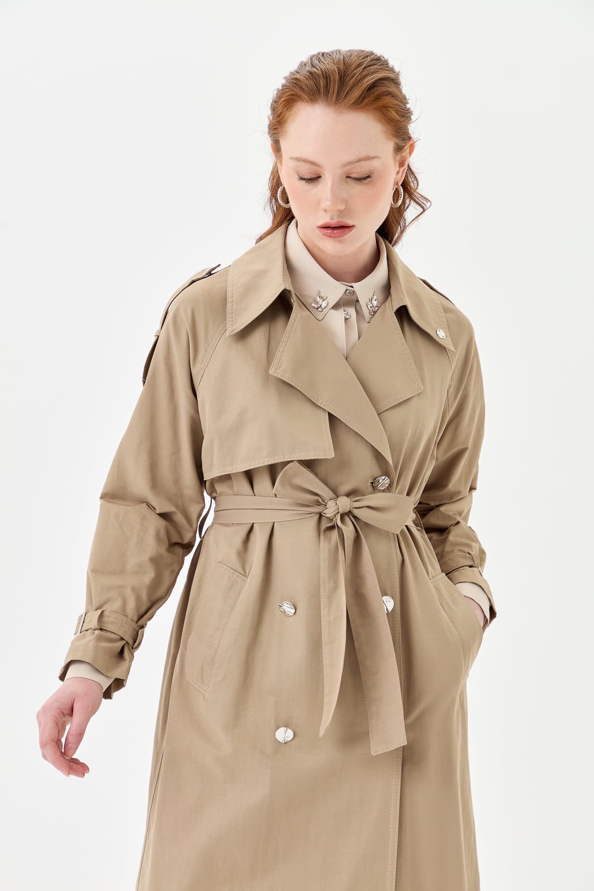 NİHAN Trench Coat Nihan Gold Düğmeli Kemerli Trençkot  Vizon_modest