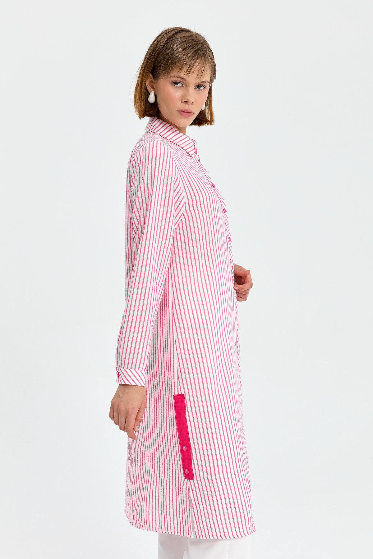 NİHAN Tunik Nihan Gömlek Yaka Çizigli Tunik  Pembe_modest