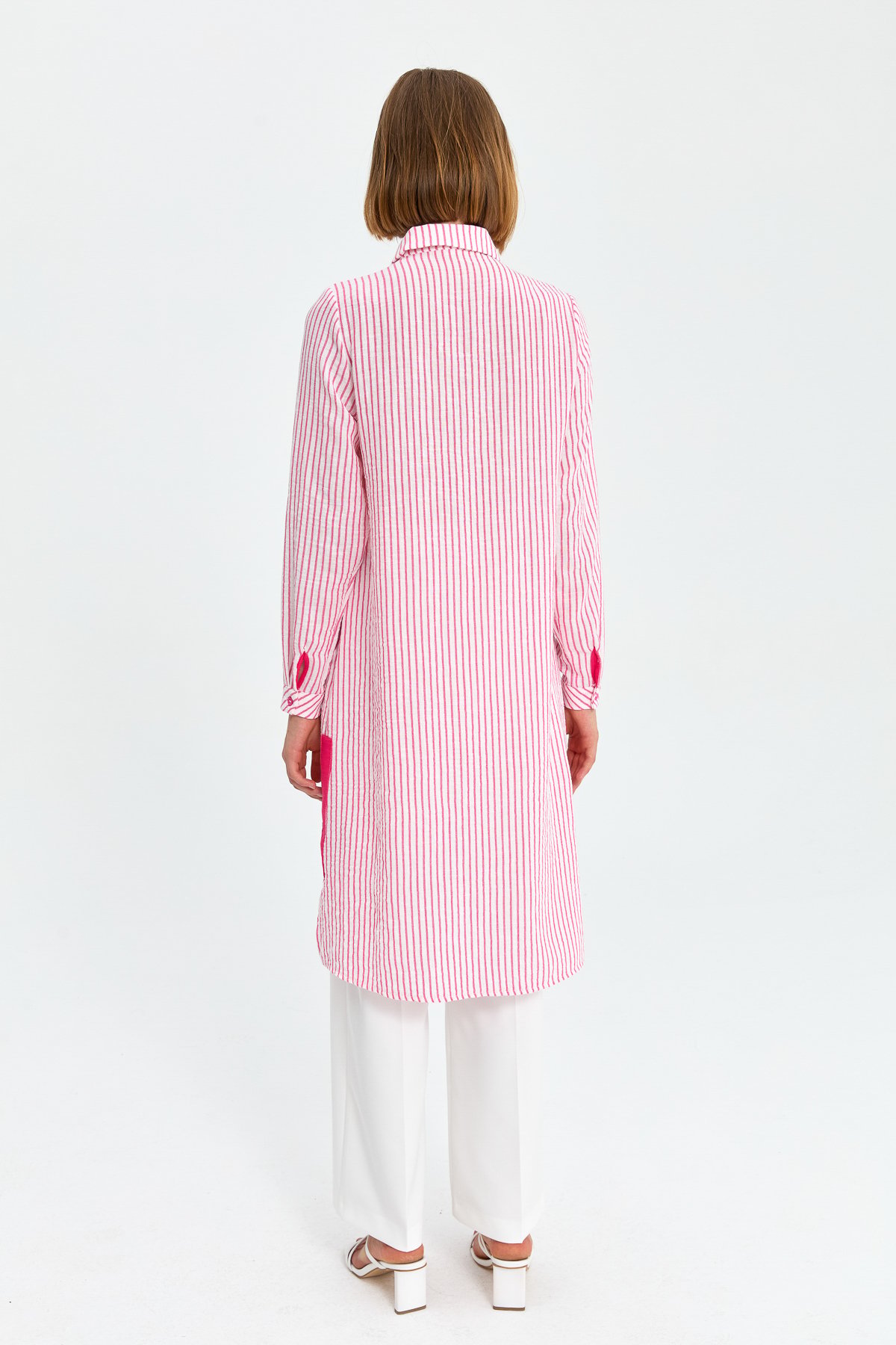 NİHAN Tunik Nihan Gömlek Yaka Çizigli Tunik  Pembe_modest