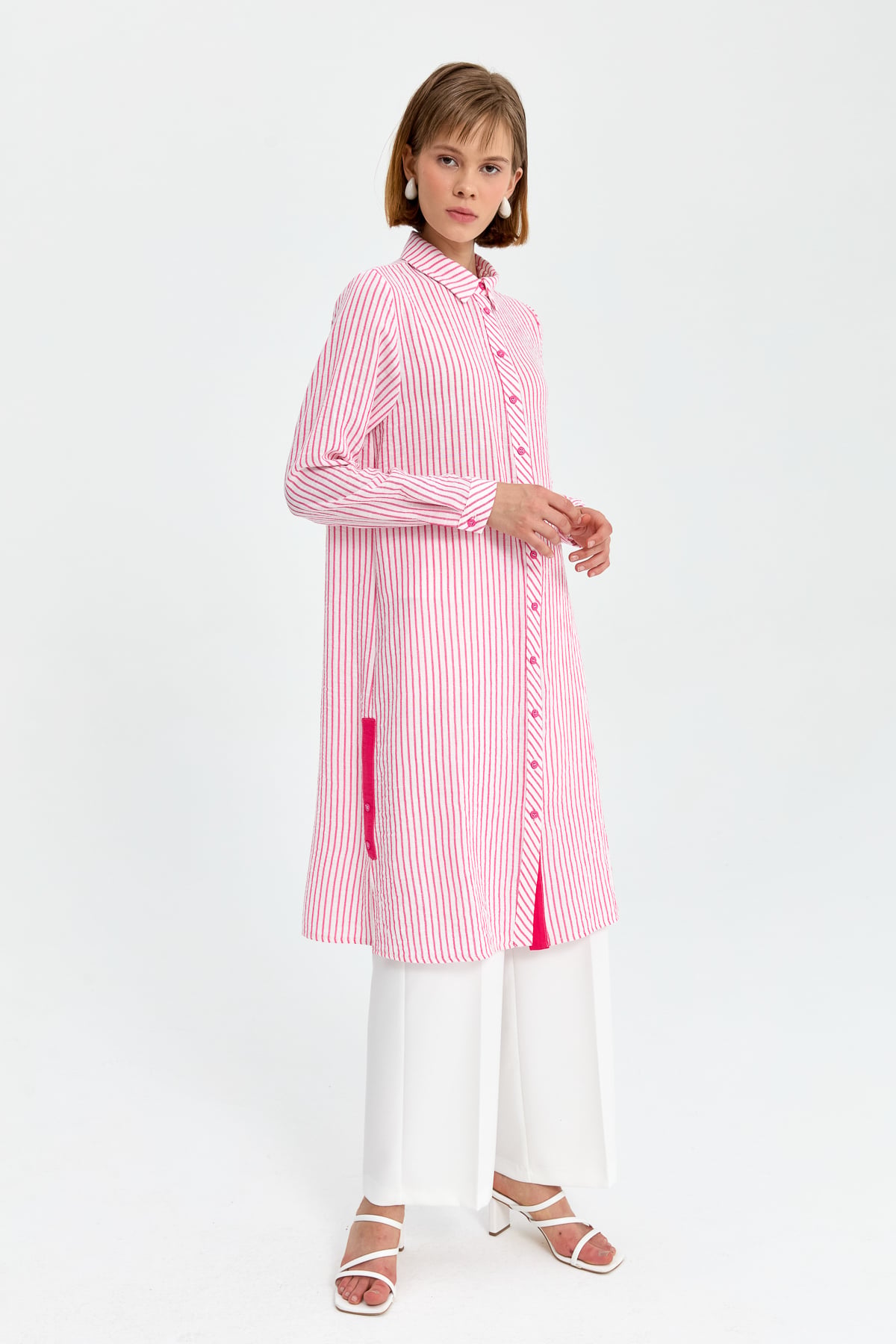 NİHAN Tunik Nihan Gömlek Yaka Çizigli Tunik  Pembe_modest