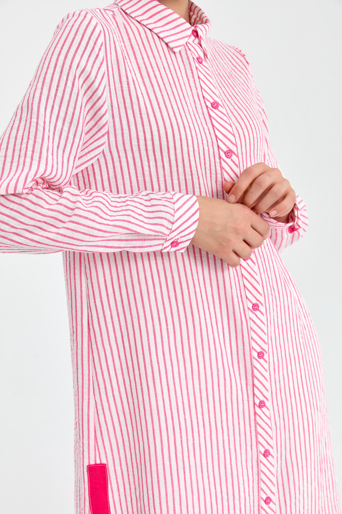 NİHAN Tunik Nihan Gömlek Yaka Çizigli Tunik  Pembe_modest