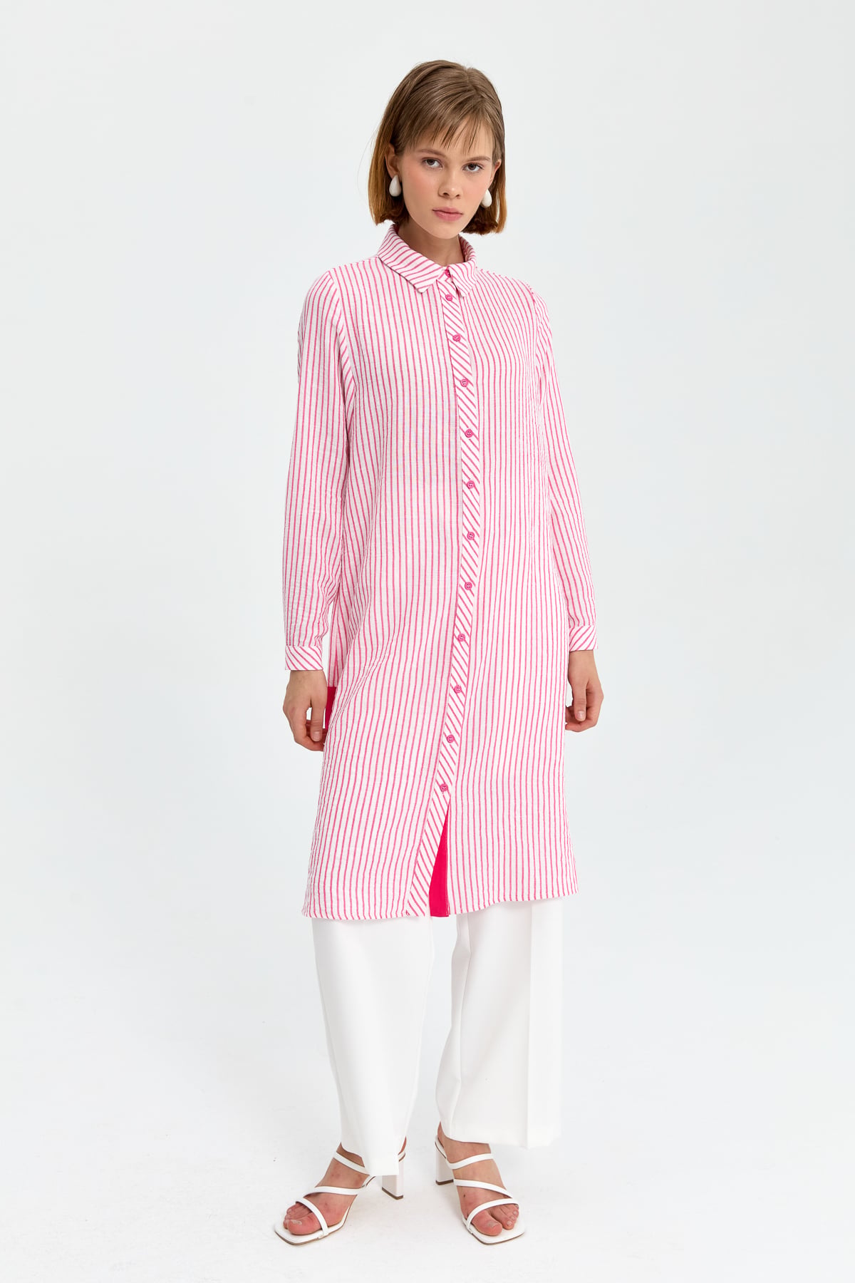 NİHAN Tunik Nihan Gömlek Yaka Çizigli Tunik  Pembe_modest