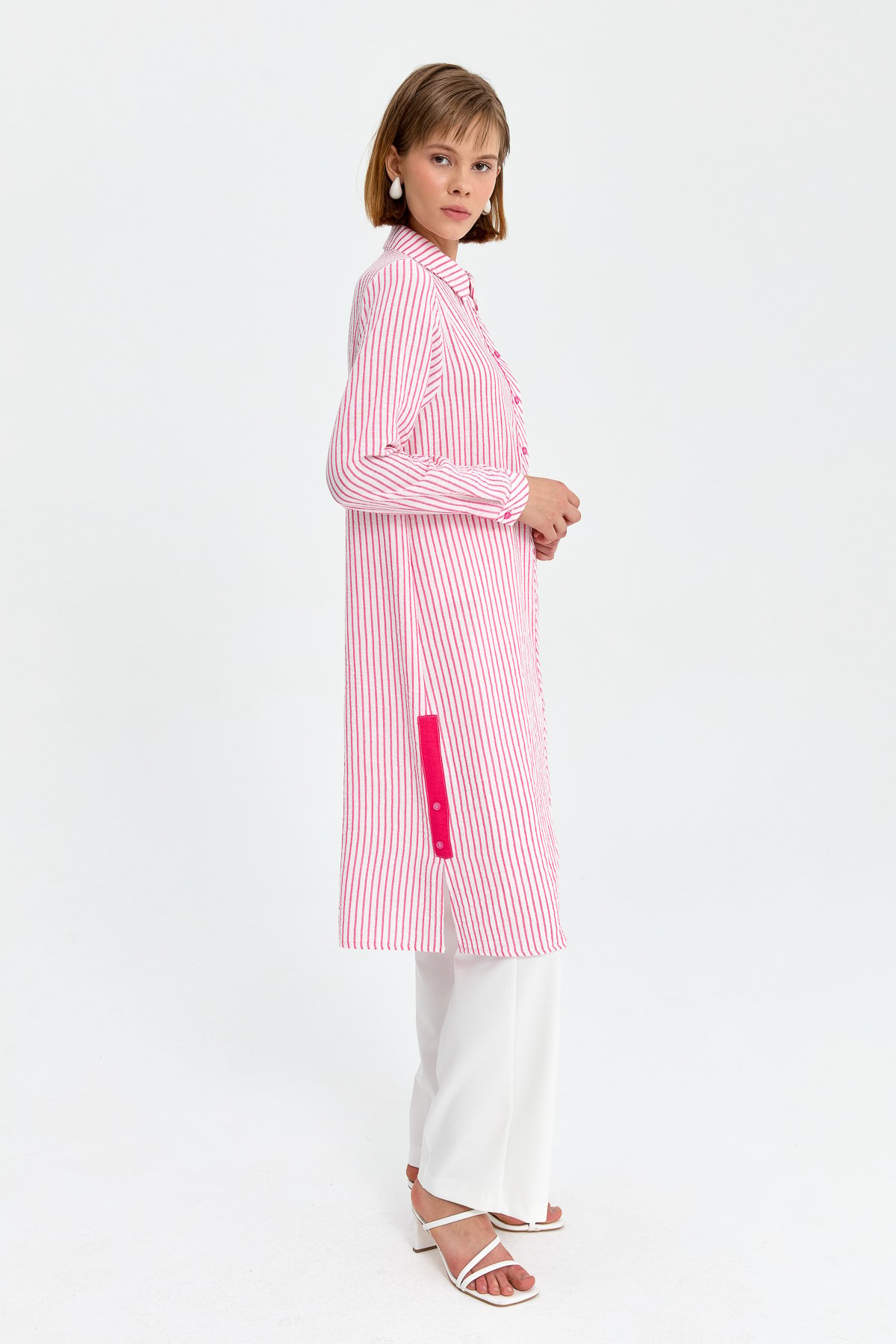 NİHAN Tunik Nihan Gömlek Yaka Çizigli Tunik  Pembe_modest