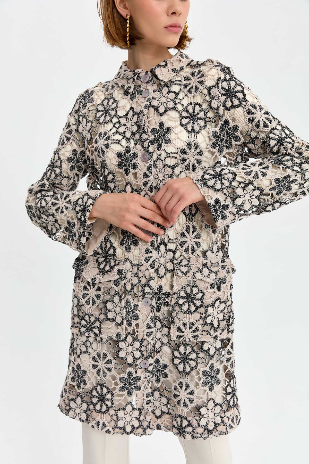 NİHAN Jacket Nihan Gömlek Yaka Dantel Ceket  Siyah_modest