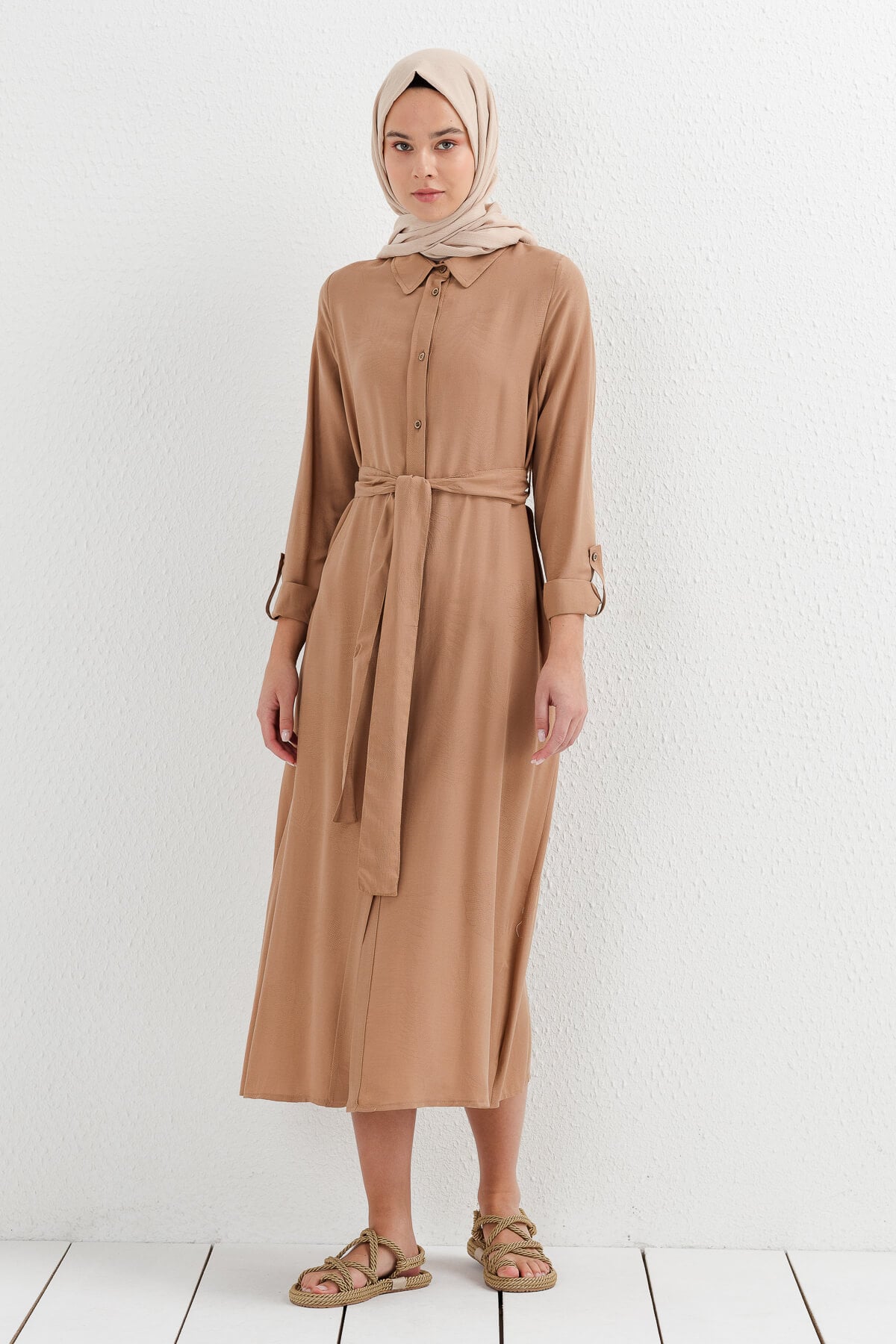 NİHAN Elbise Nihan Gömlek Yaka Elbise  Camel_modest