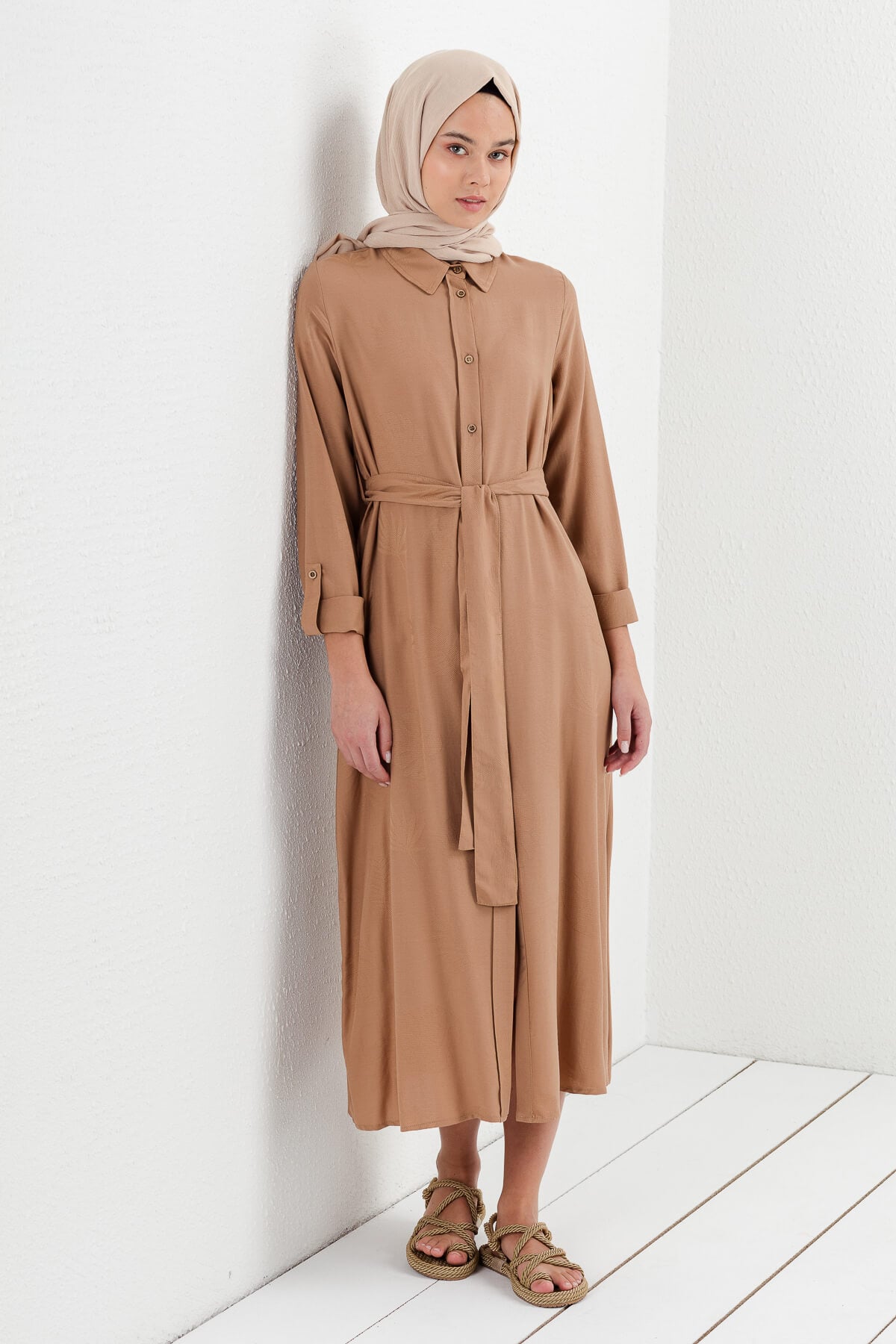 NİHAN Elbise Nihan Gömlek Yaka Elbise  Camel_modest