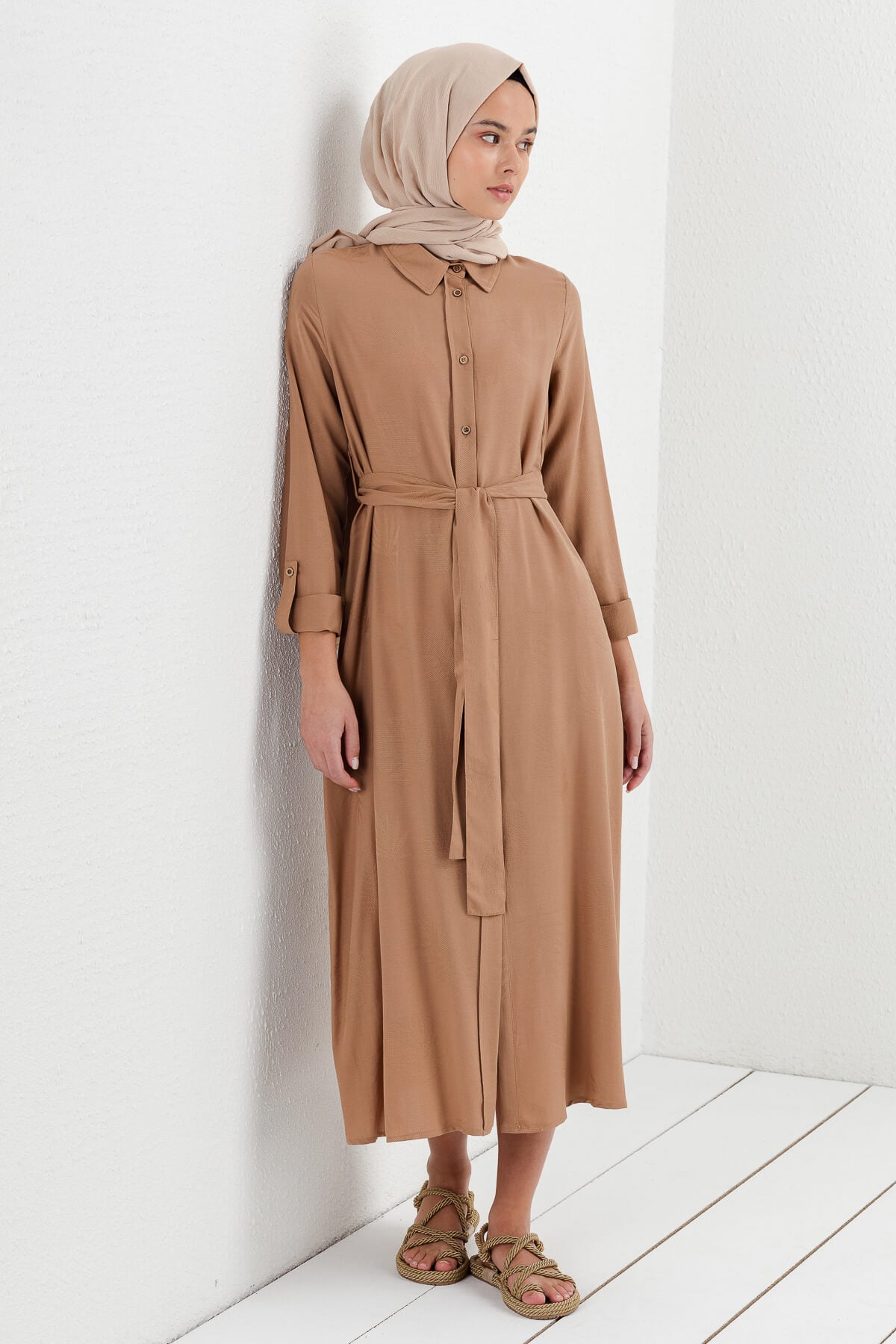 NİHAN Elbise Nihan Gömlek Yaka Elbise  Camel_modest