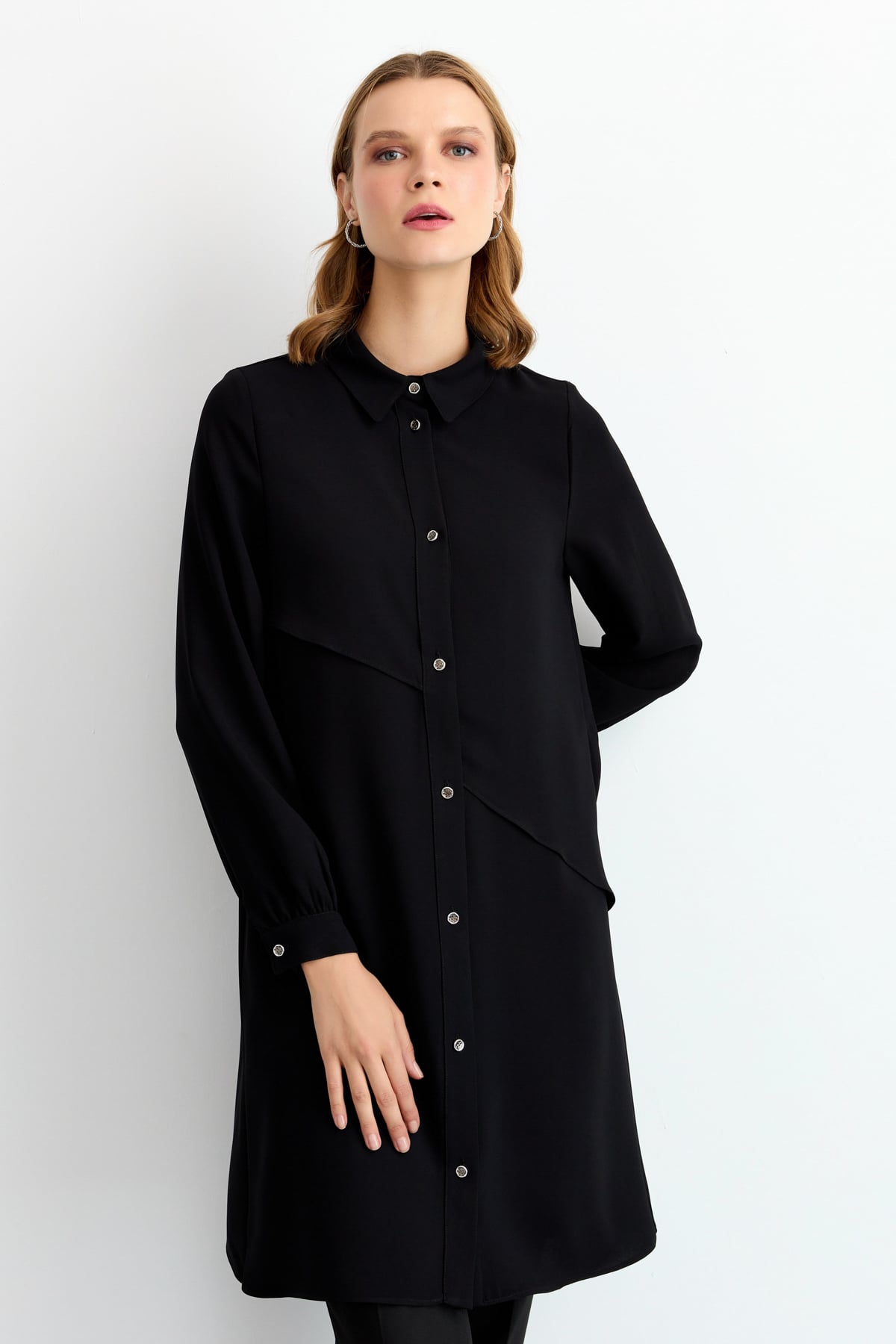 NİHAN Tunik Nihan Gömlek Yaka Katlı Tunik  Siyah_modest