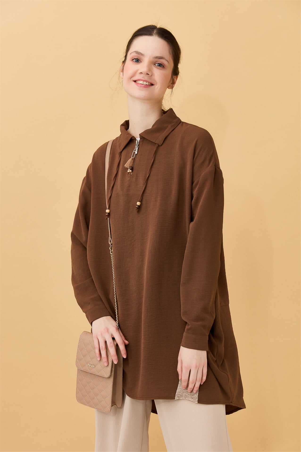 NİHAN Tunik Nihan Gömlek Yaka Oversize Tunik  Kahve_modest