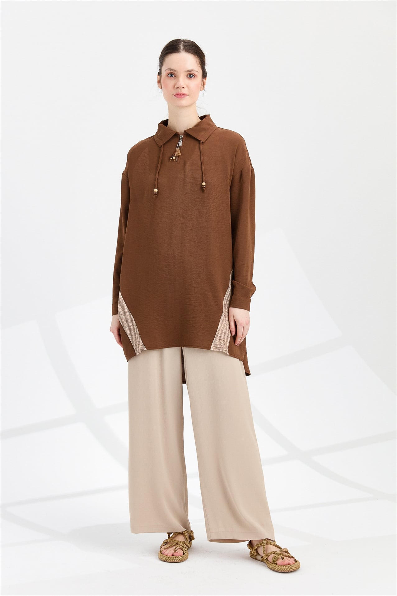 NİHAN Tunik Nihan Gömlek Yaka Oversize Tunik  Kahve_modest