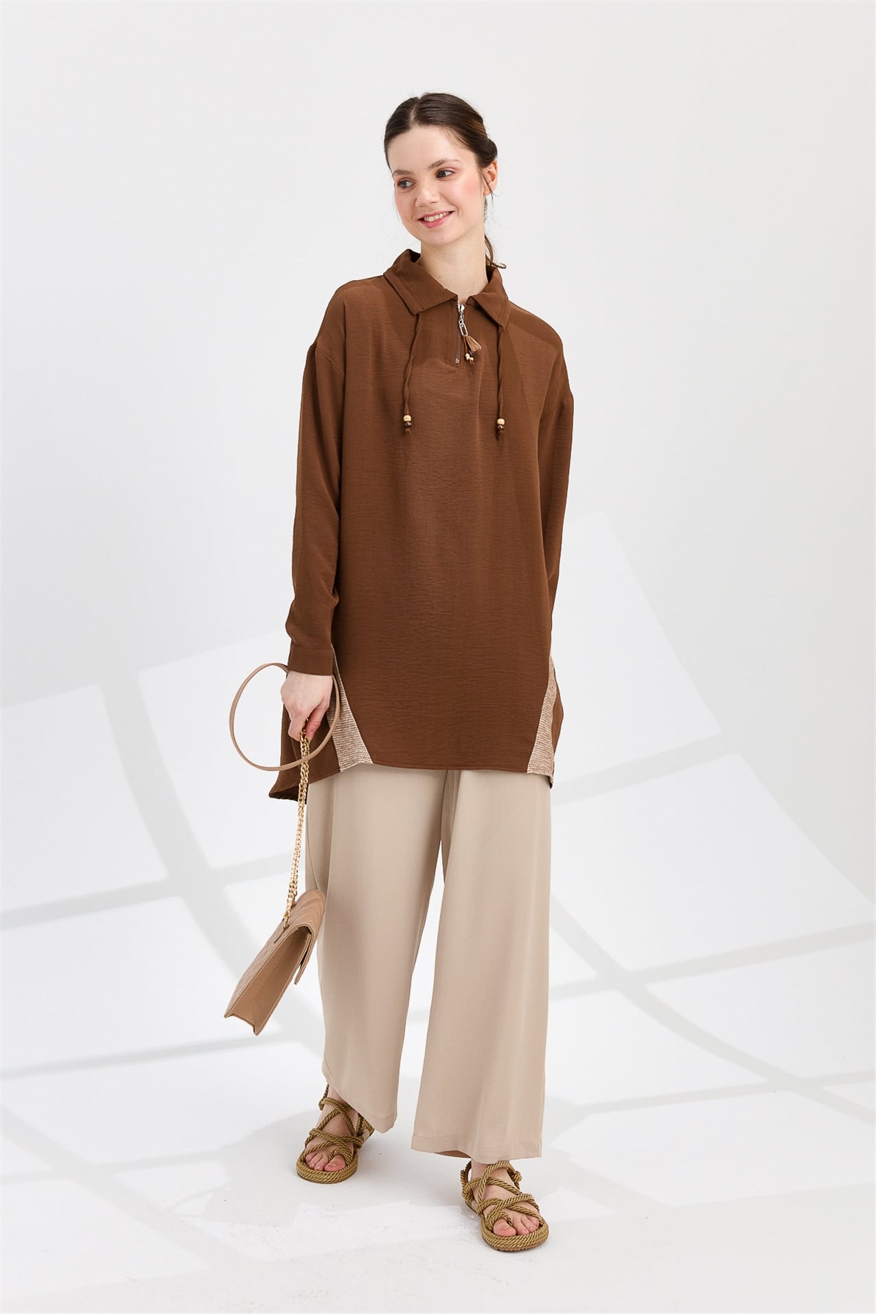 NİHAN Tunik Nihan Gömlek Yaka Oversize Tunik  Kahve_modest