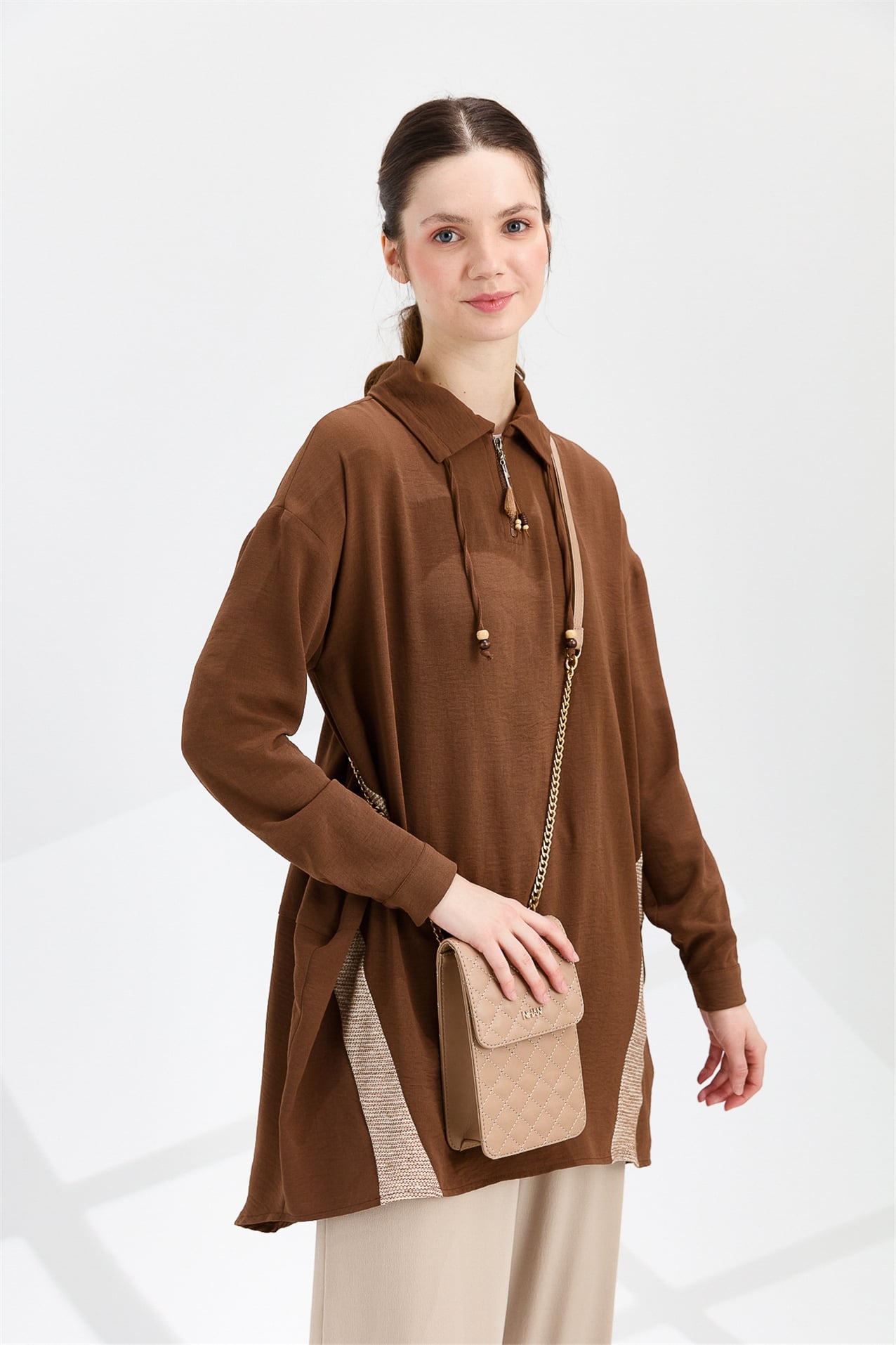 NİHAN Tunik Nihan Gömlek Yaka Oversize Tunik  Kahve_modest