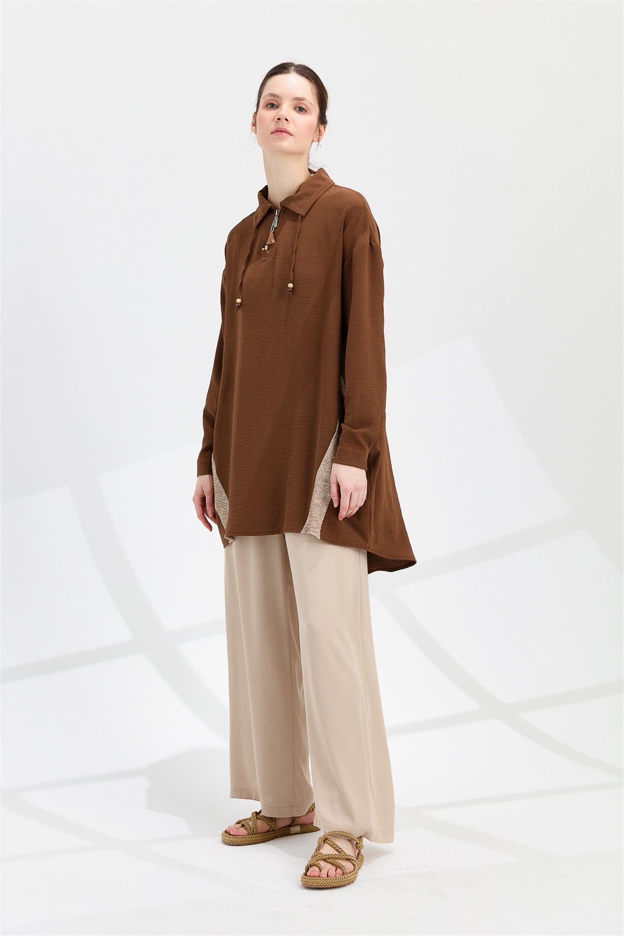 NİHAN Tunik Nihan Gömlek Yaka Oversize Tunik  Kahve_modest