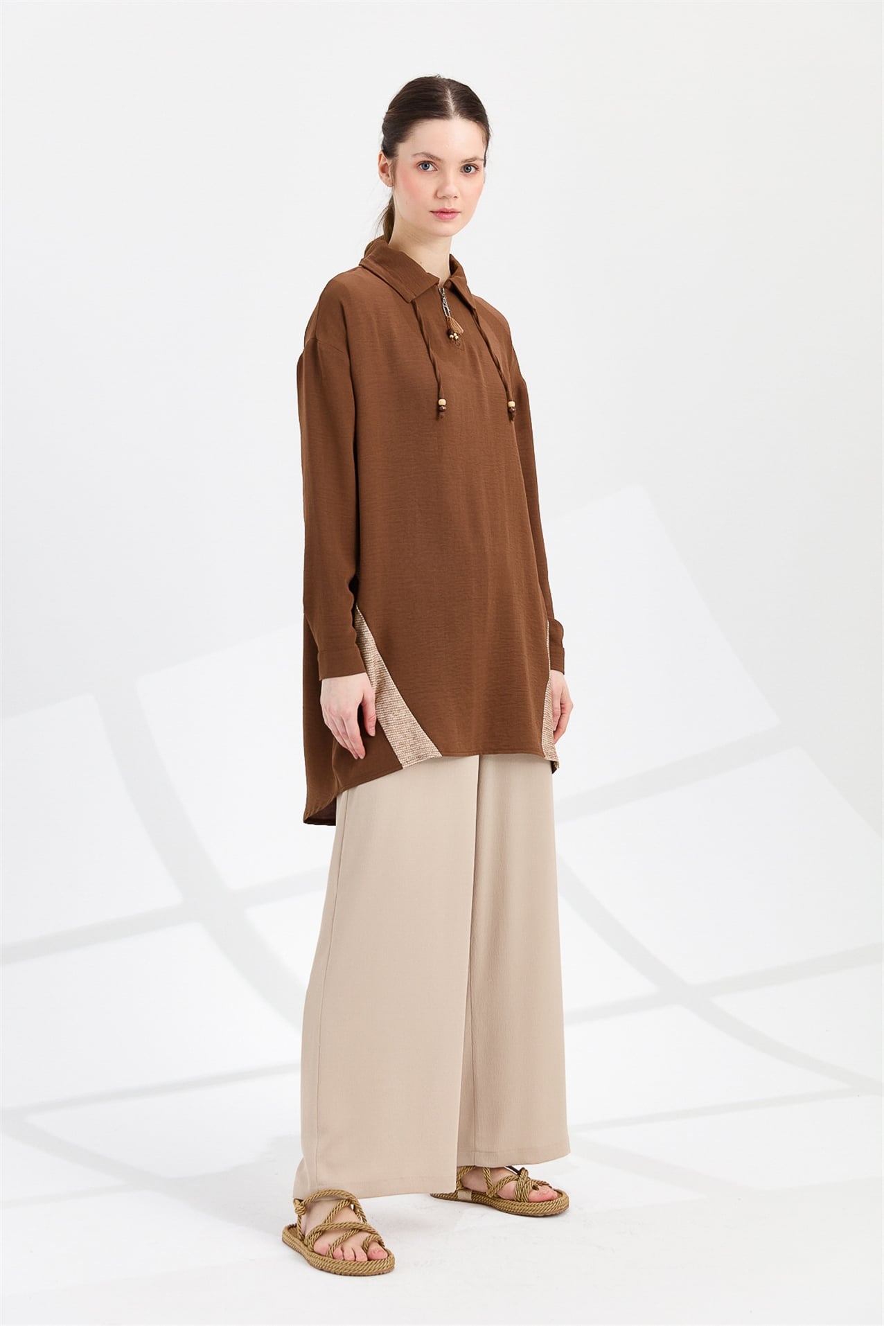 NİHAN Tunik Nihan Gömlek Yaka Oversize Tunik  Kahve_modest