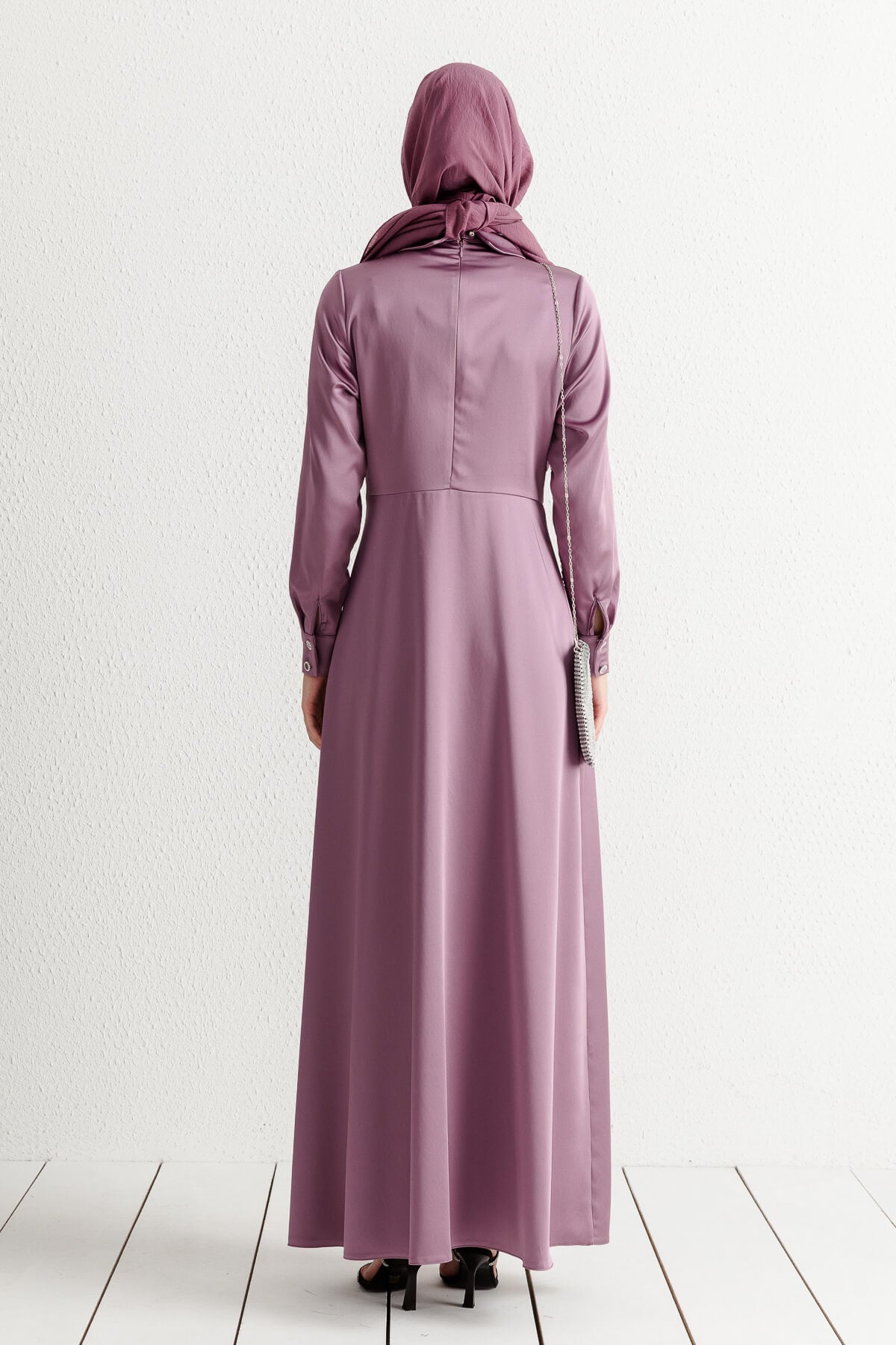 NİHAN Elbise Nihan Gömlek Yaka Saten Elbise  Mor_modest