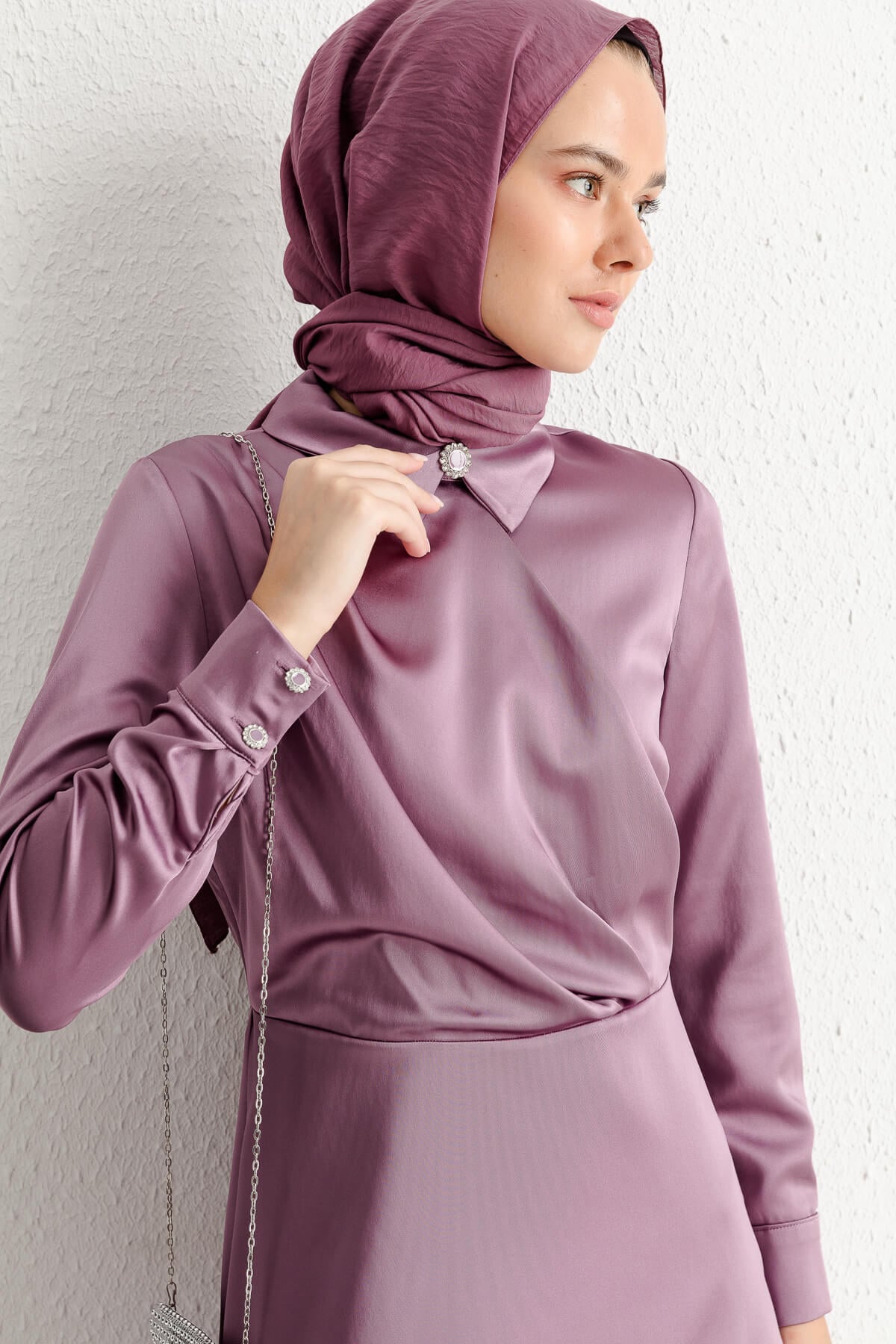 NİHAN Elbise Nihan Gömlek Yaka Saten Elbise  Mor_modest