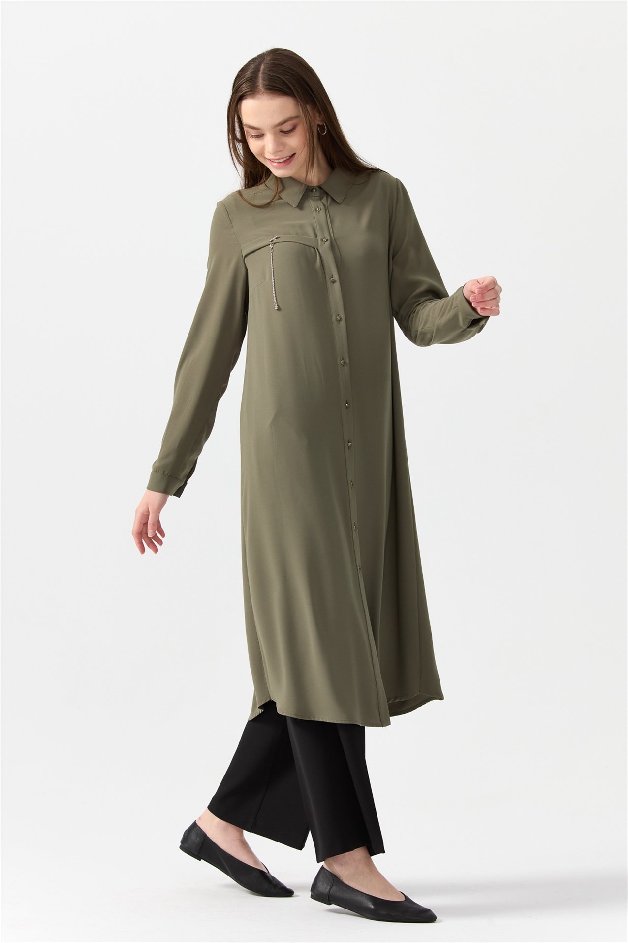 NİHAN Tunik Nihan Gömlek Yaka Tunik  Haki_modest